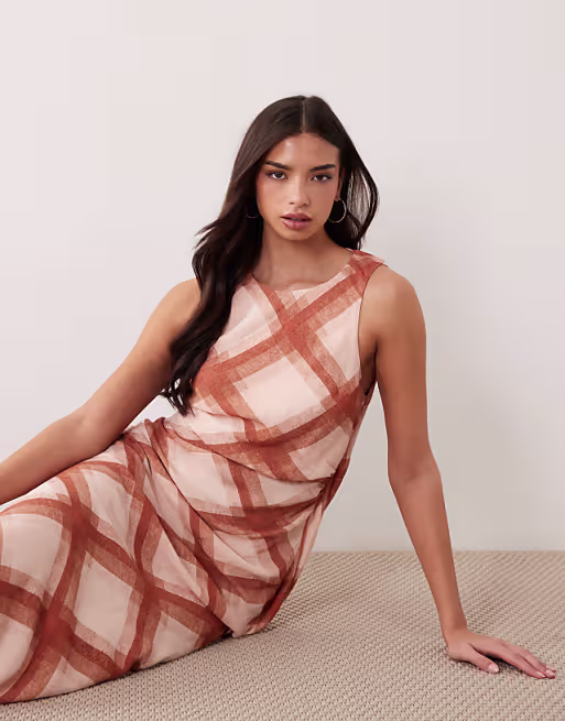 draped open back trim detail linen look maxi dress in check print
