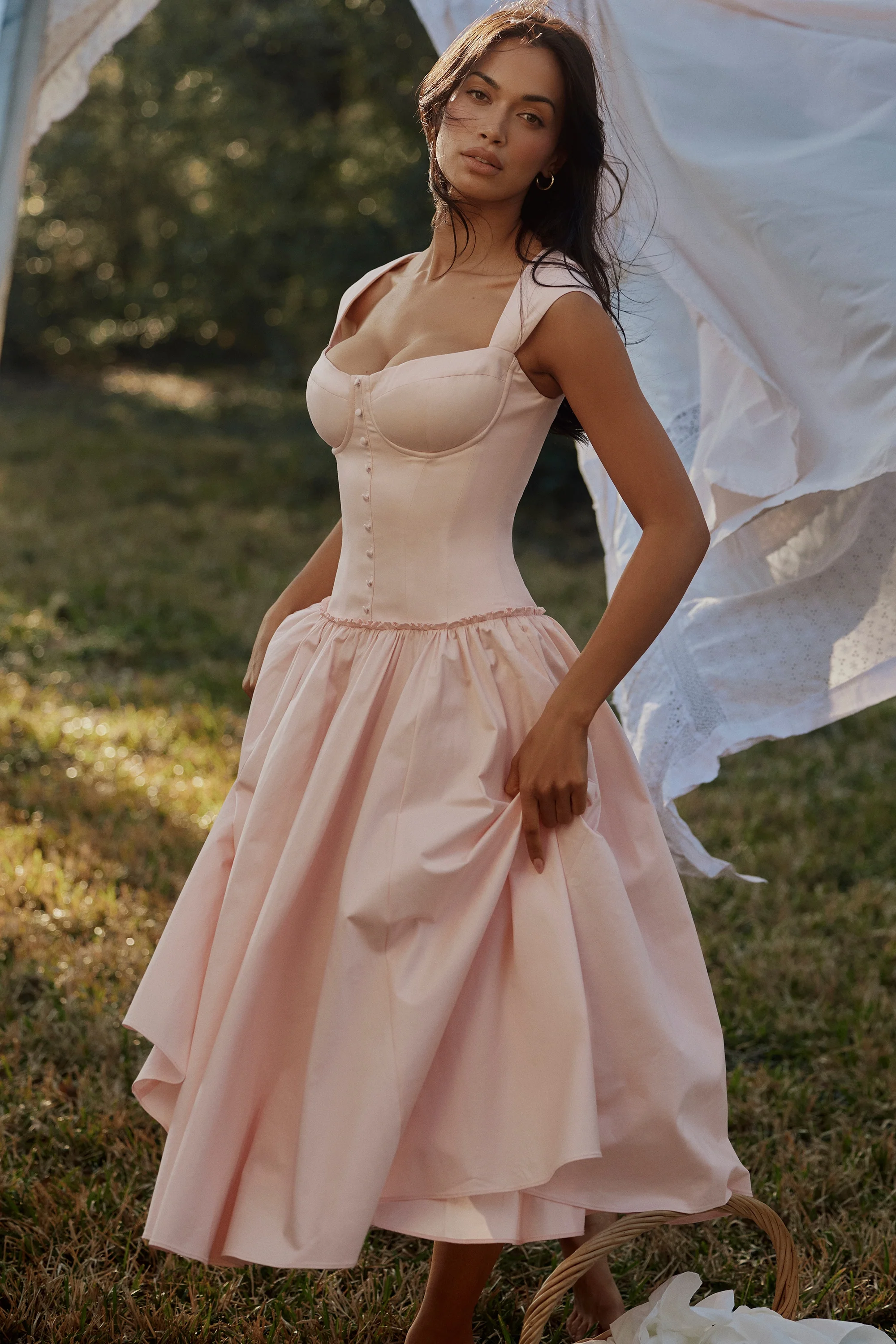 Pink Cotton Cap Sleeve Midi Dress