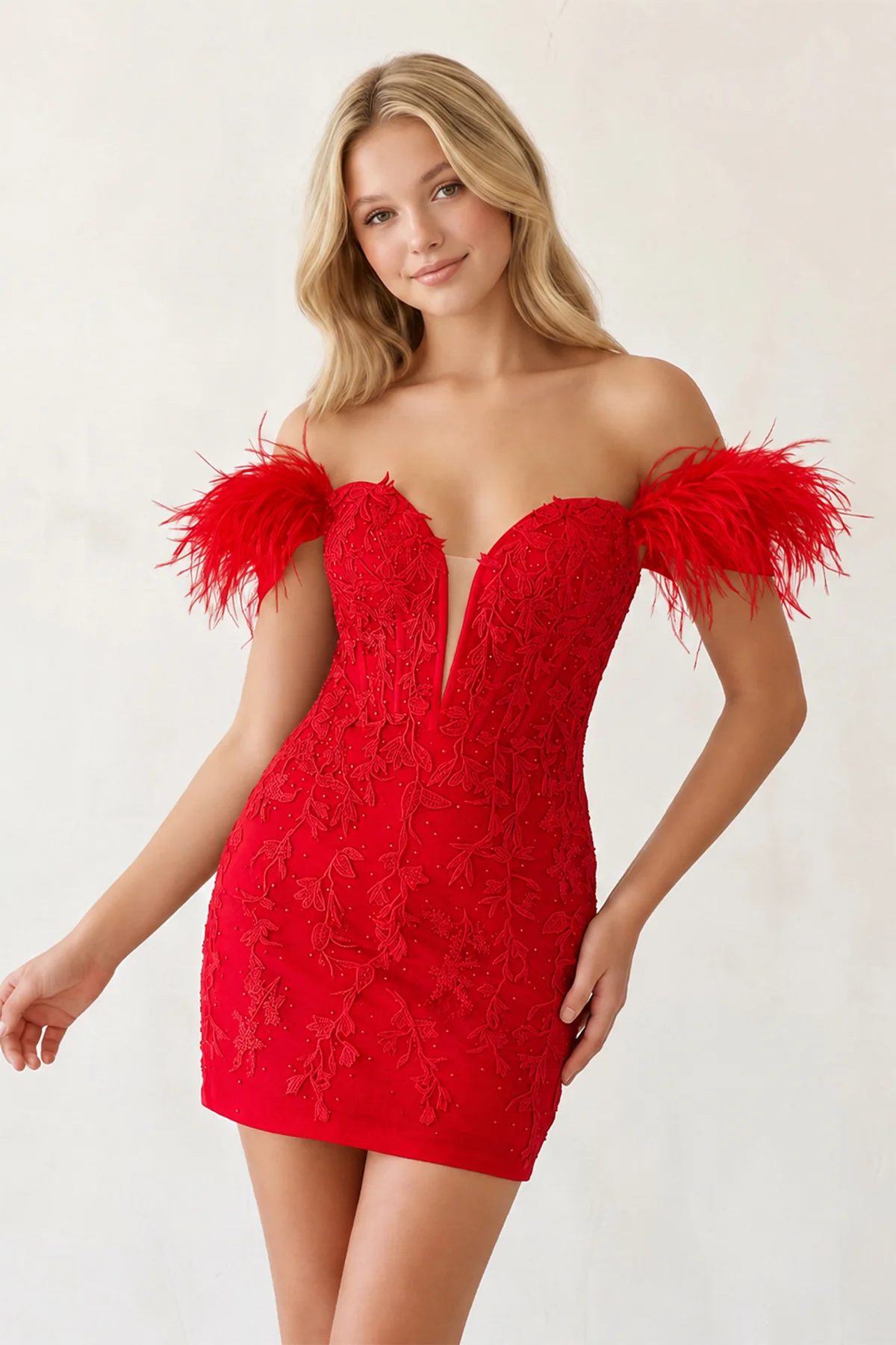 Black Tight Appliques Plunge V-Neck Lace Short Homecoming Dress with Feathers