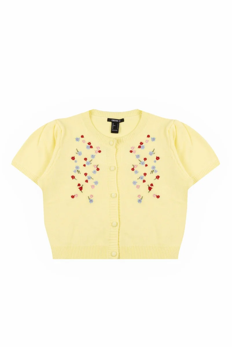 Floral Embroidered Puff-Sleeve Cardigan