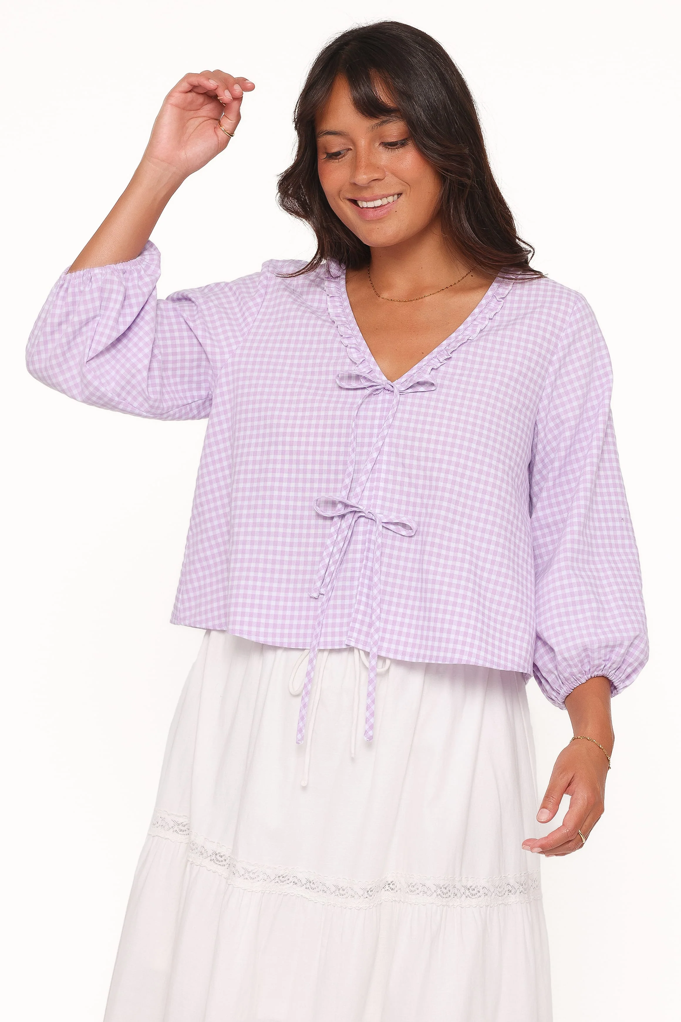 Fainche Front Tie Top - Lilac Gingham