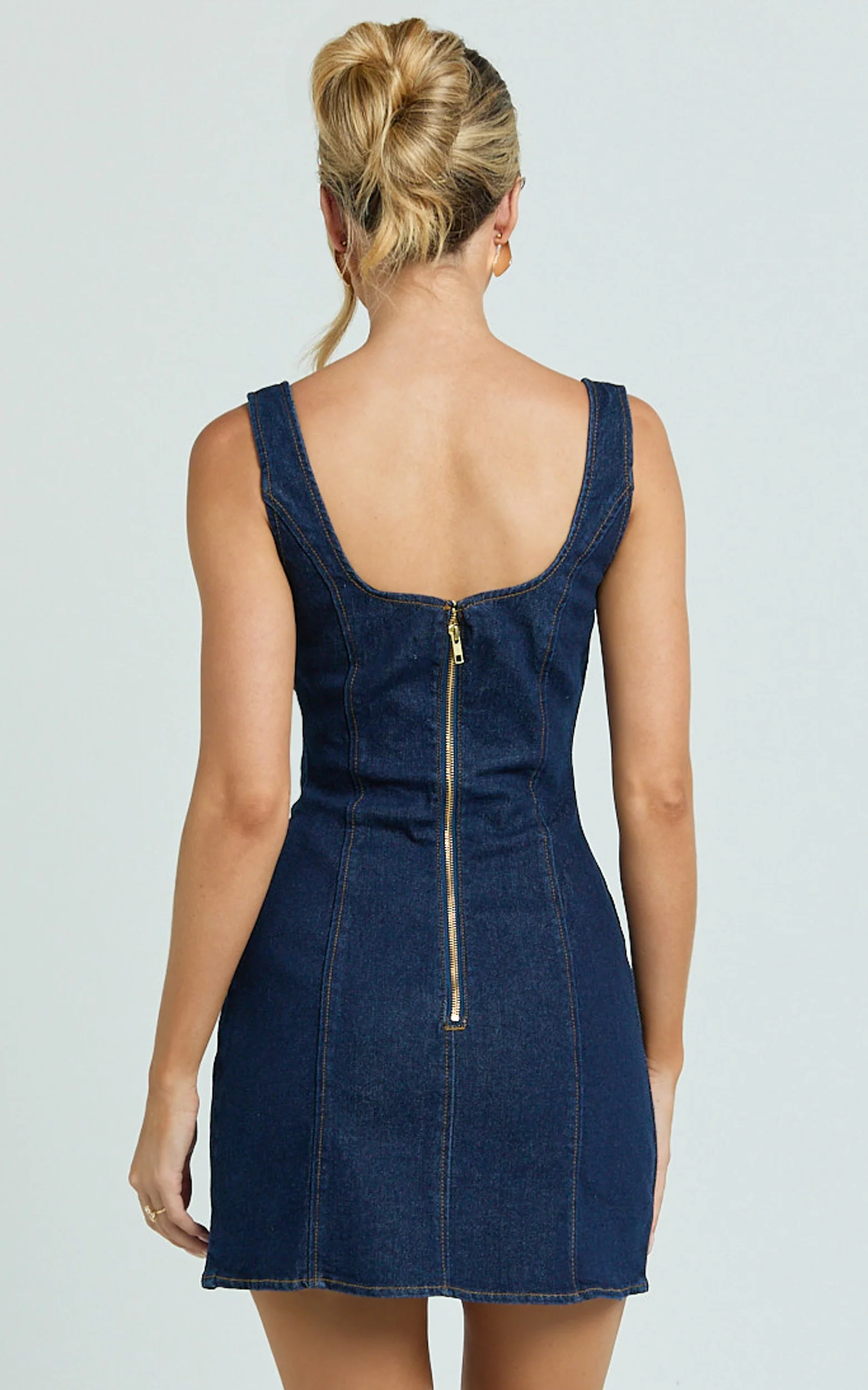 Valentina Mini Dress - Square Neck Button Down Denim Dress in Dark Blue Wash