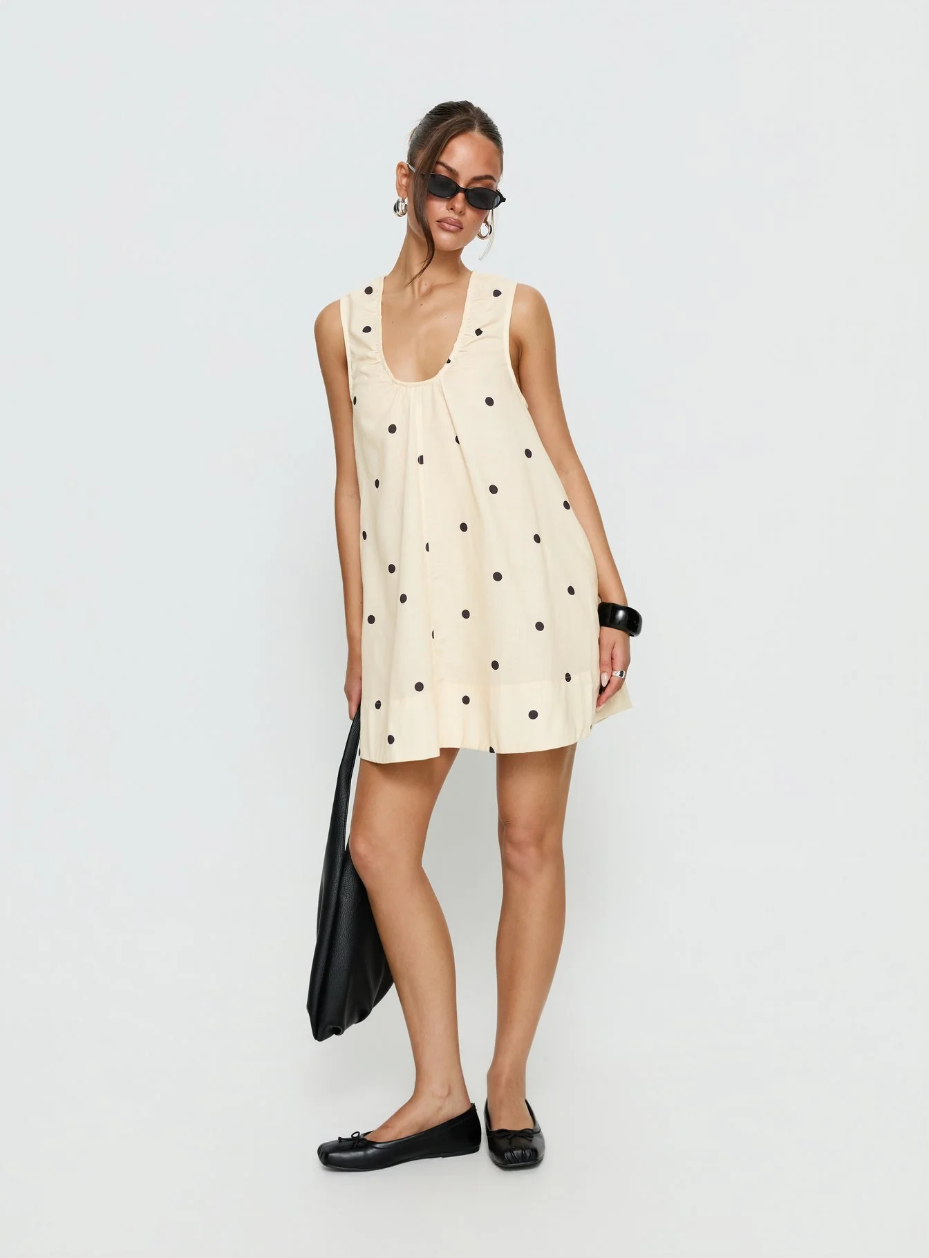 Eberta Ruched Baby Doll Mini Dress Yellow Polka Dot