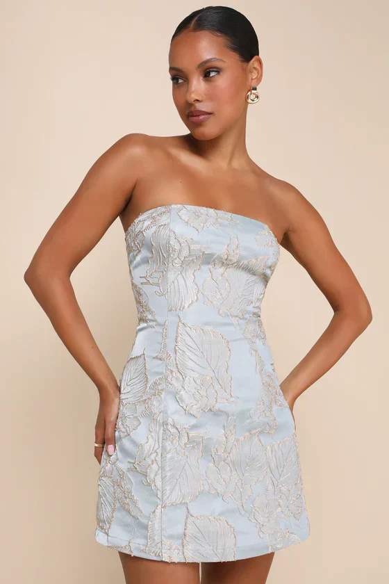 Aesthetic Pose Slate Blue And Gold Jacquard Strapless Mini Dress