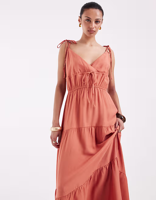 Vero Moda tie shoulder cami midi tiered dress in orange