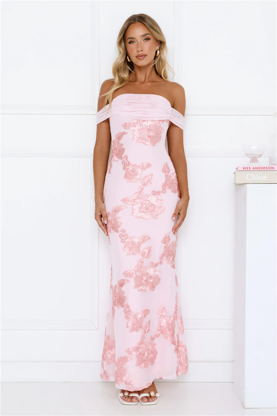 Lush Bloom Embroidered Off Shoulder Maxi Dress Pink