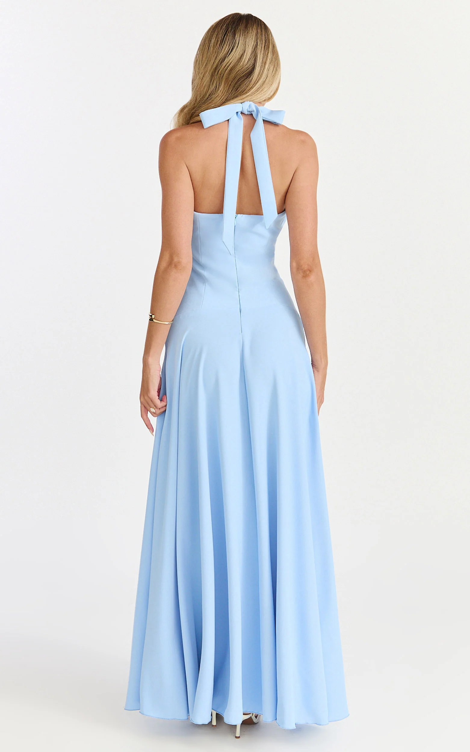 Poppy Maxi Dress - Contrast Skirt Deep Plunge Halter Dress in Blue