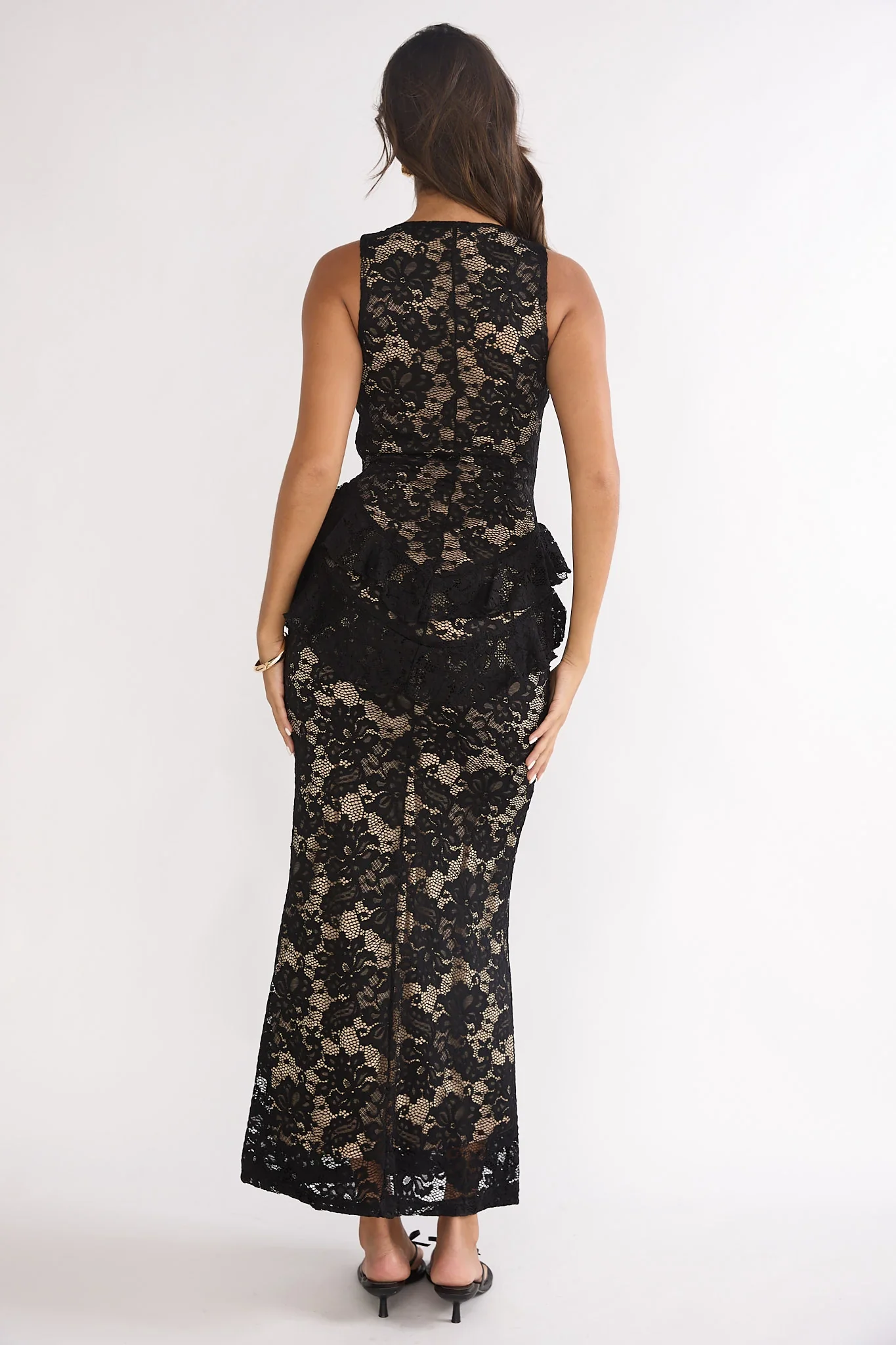 Serenella Peplum Lace Maxi Dress Black