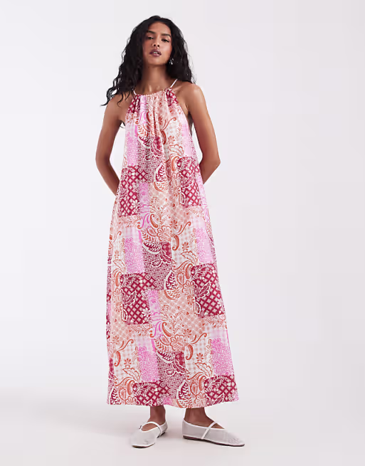 Vero Moda high neck trapeze midi dress in pink paisley patchwork print