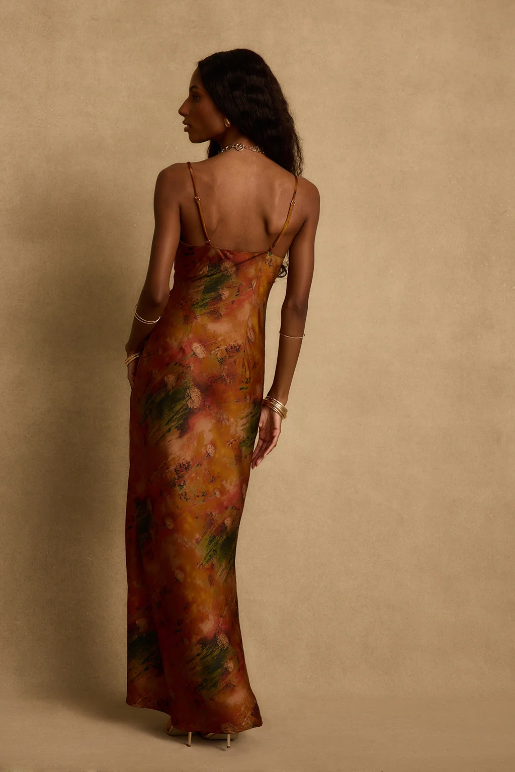 Mirabella Rust Printed Satin Maxi Dress