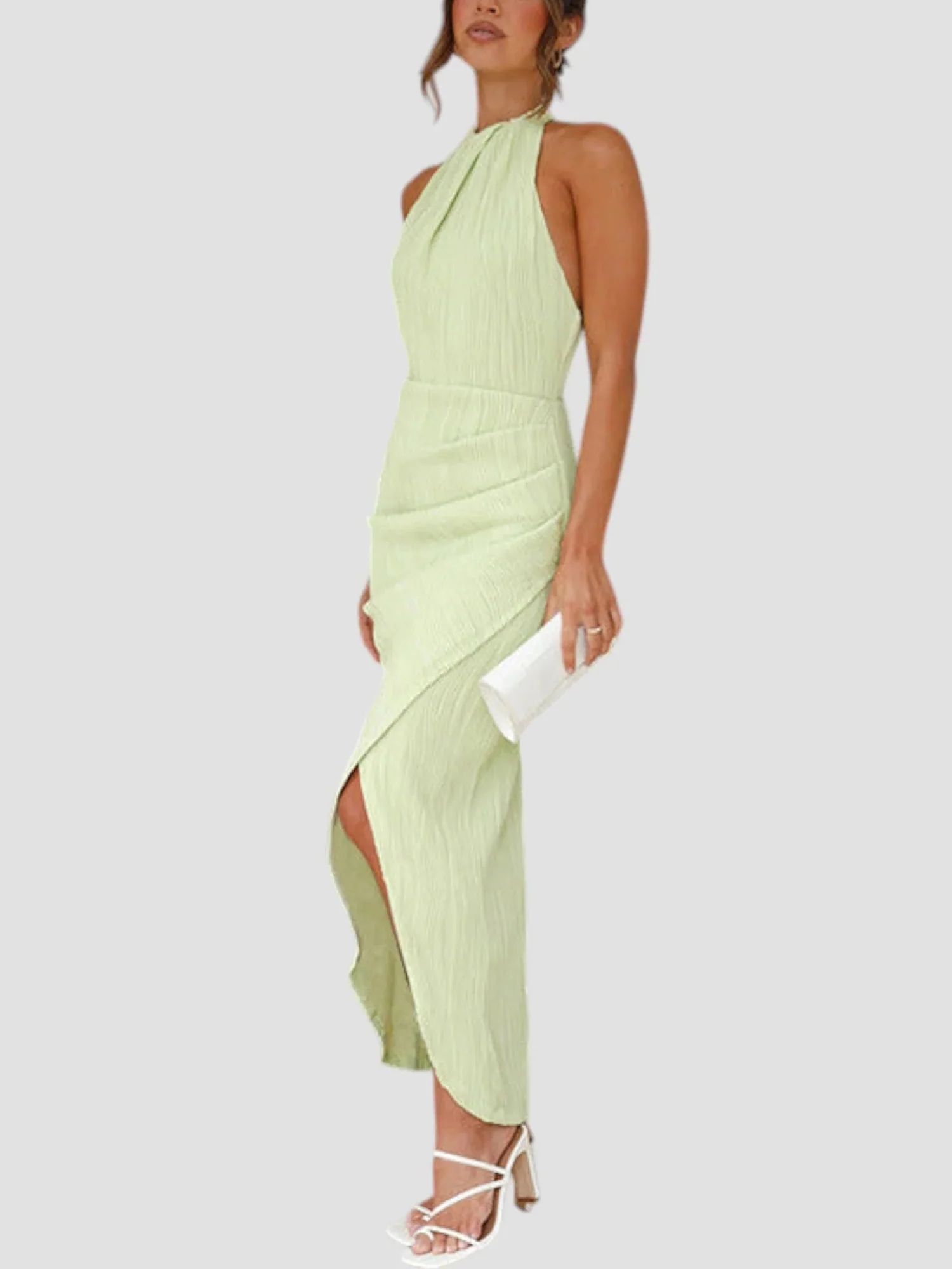 Pistachio Green Halter Pleated Midi Dress