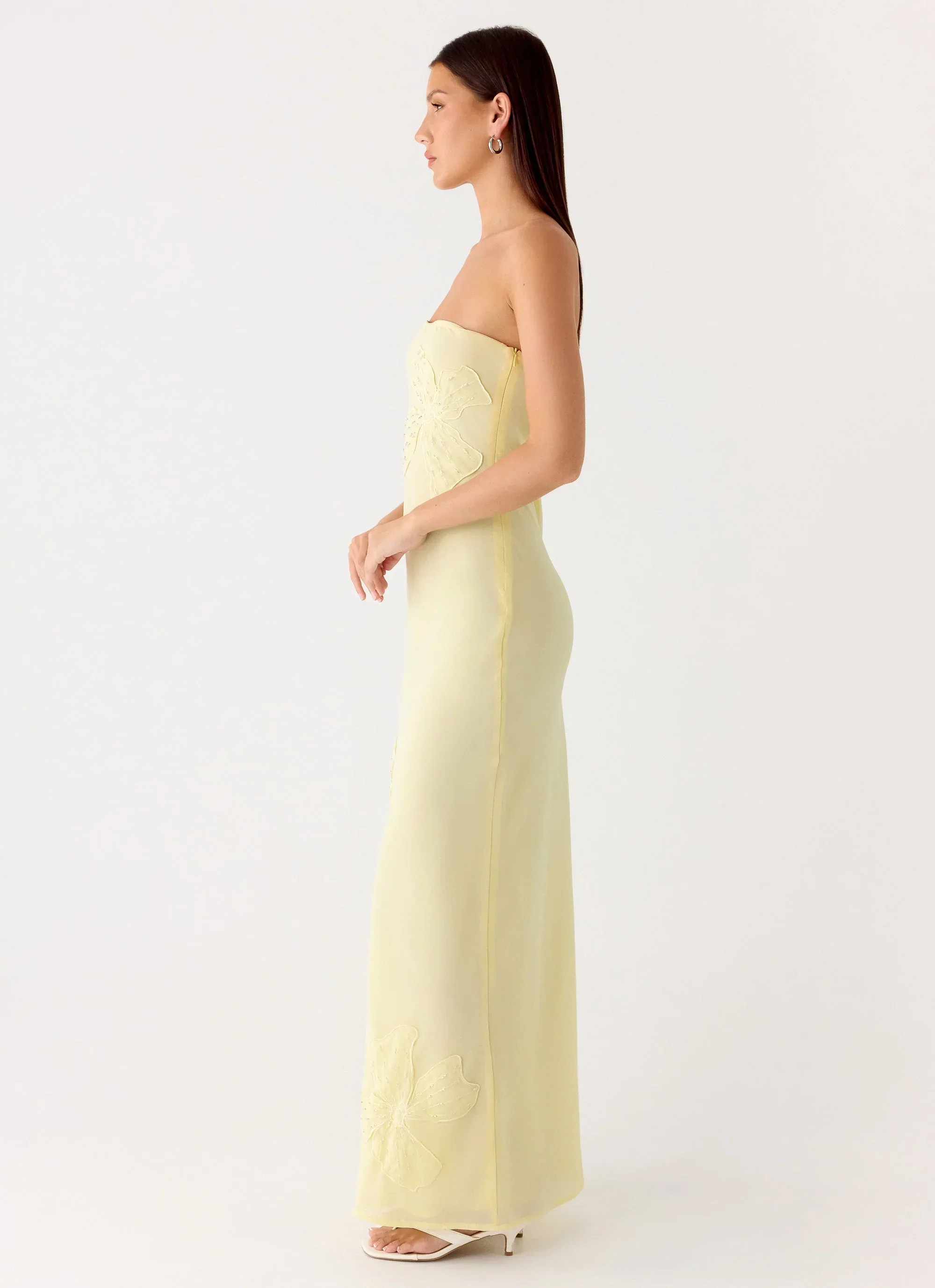 Sassafras Beaded Flower Strapless Maxi Dress - Yellow - luluinthesky