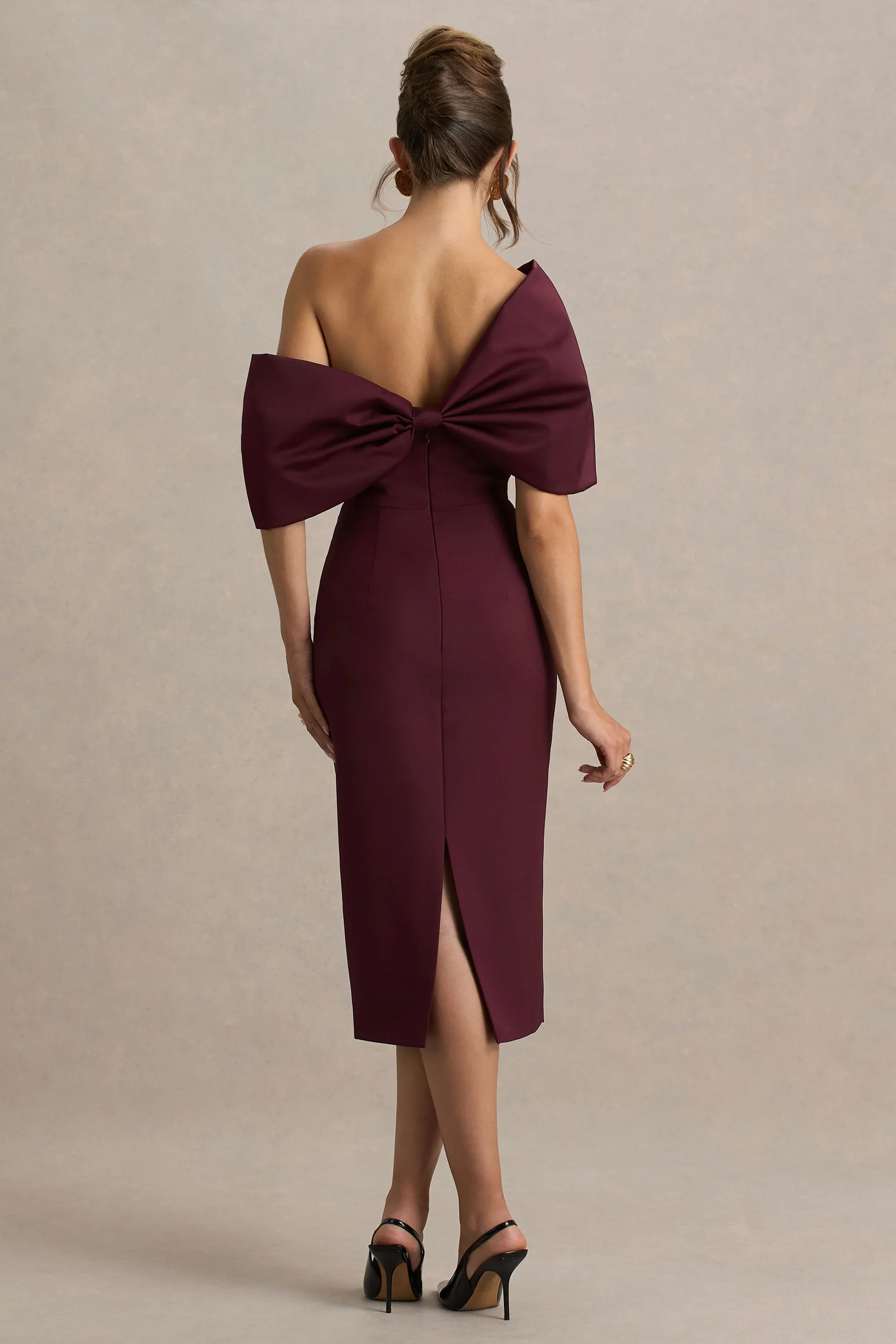 Lucille | Burgundy Asymmetric Bardot Midi Dress