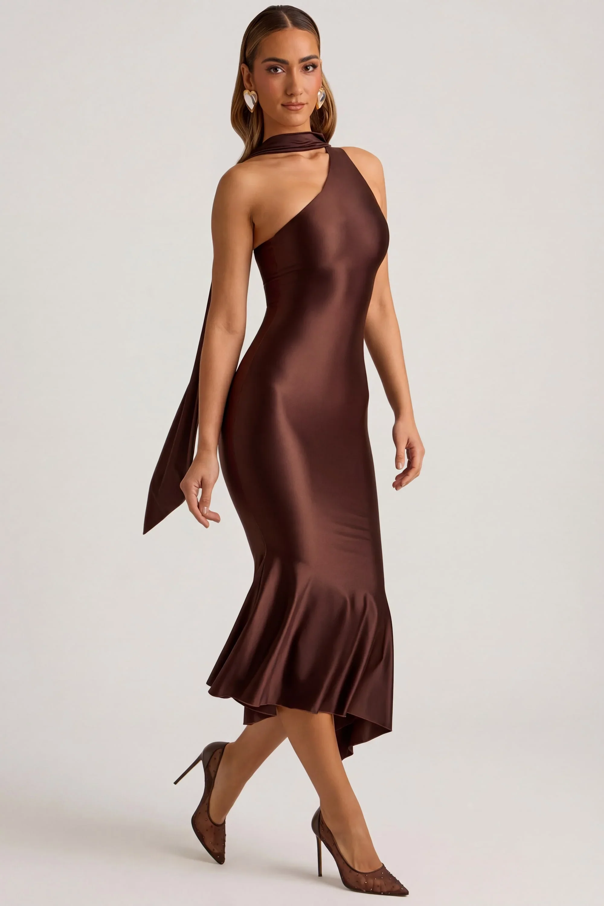 Asymmetric Scarf-Detail Midaxi Dress in Chocolate Brown