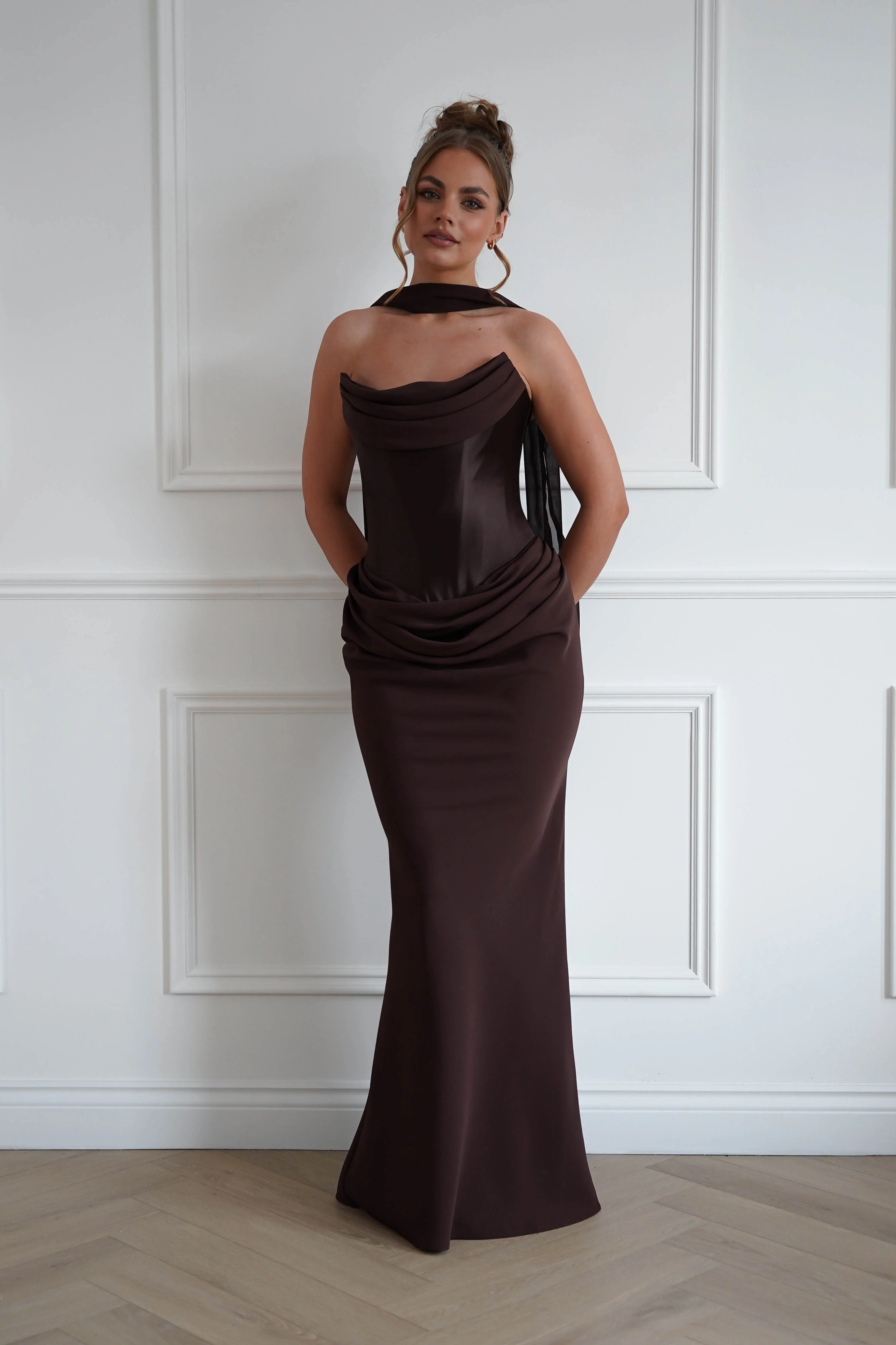 Kailani Strapless Ruched Maxi Dress | Brown