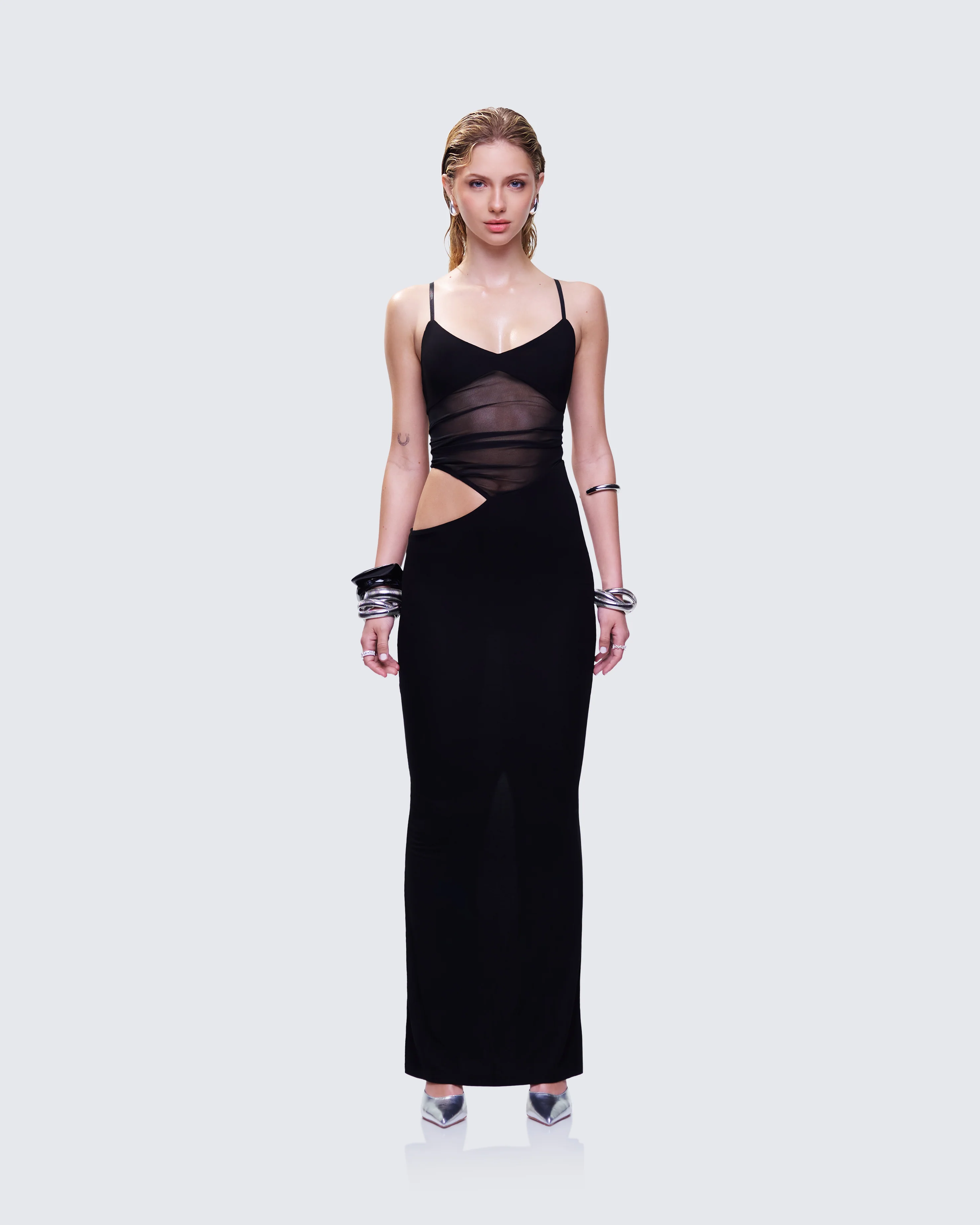 Philomena Black Mesh Window Maxi Dress