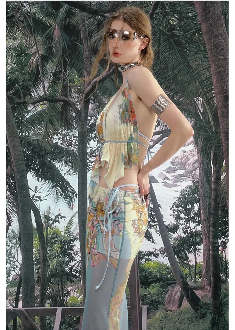 Island Climate Printed Mesh Camisole & Skirt Set
