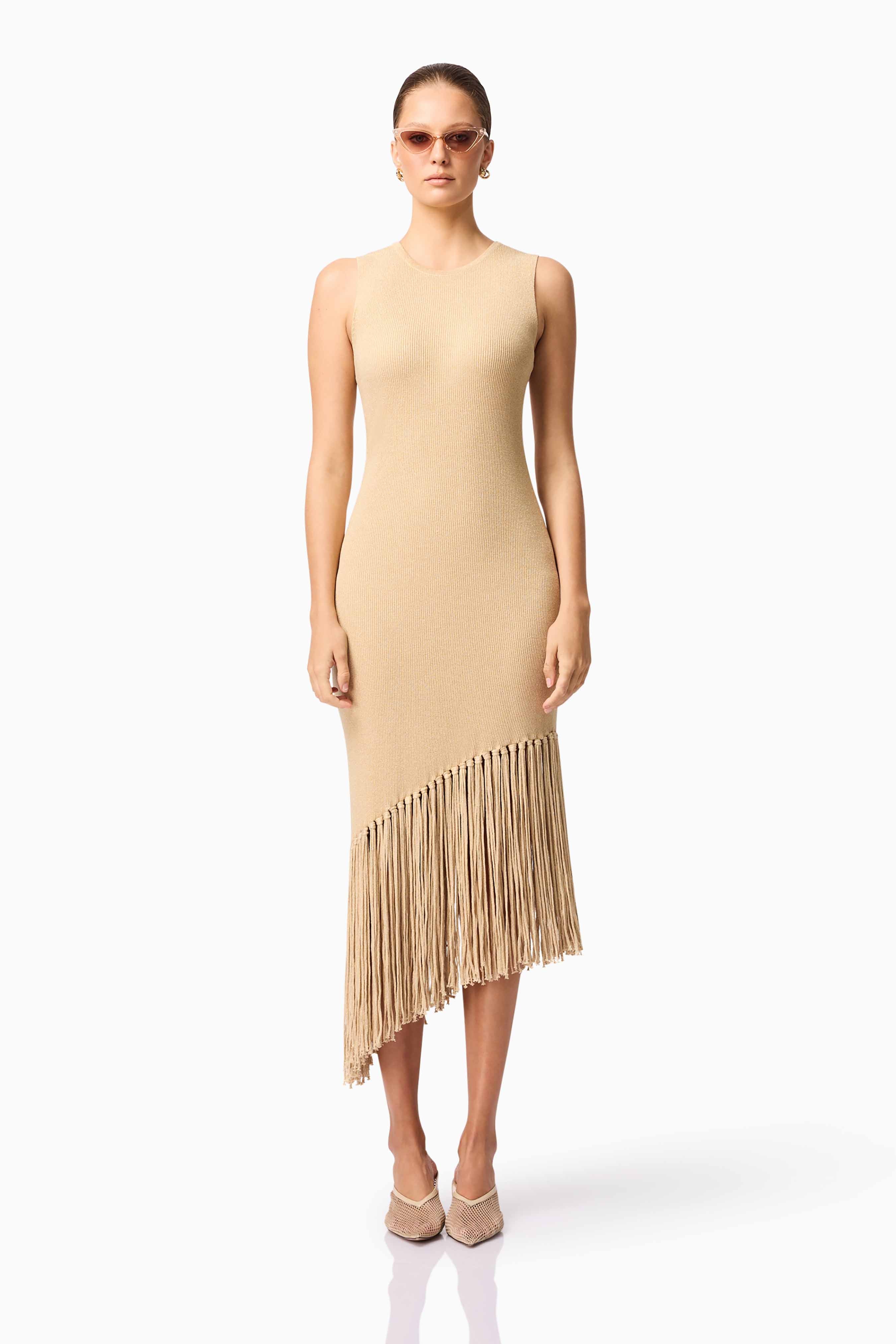 CURAAE Selah Asymmetrical Midi Dress in Beige