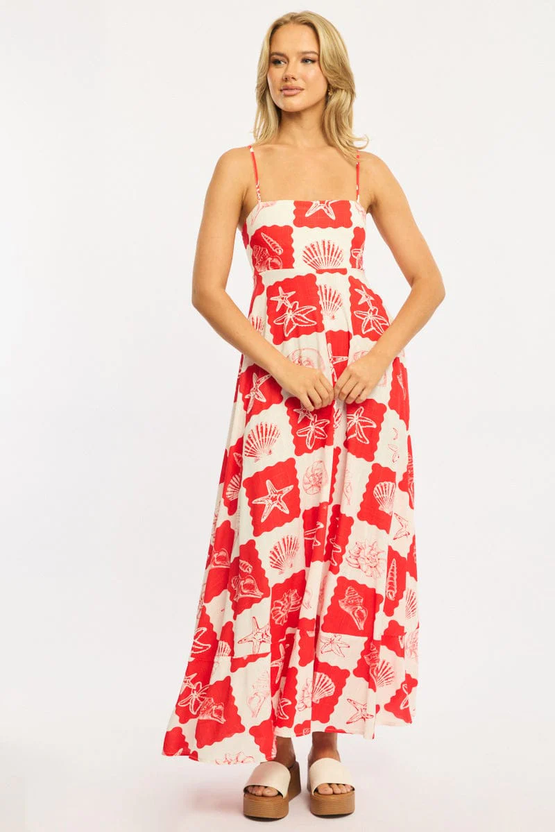 Red Abstract Maxi Dress Strappy