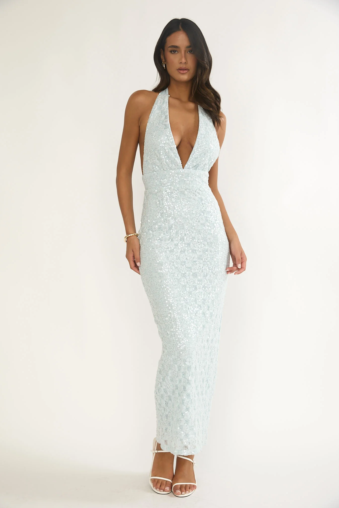 Cipriana Backless Halter Maxi Dress Sequin Blue