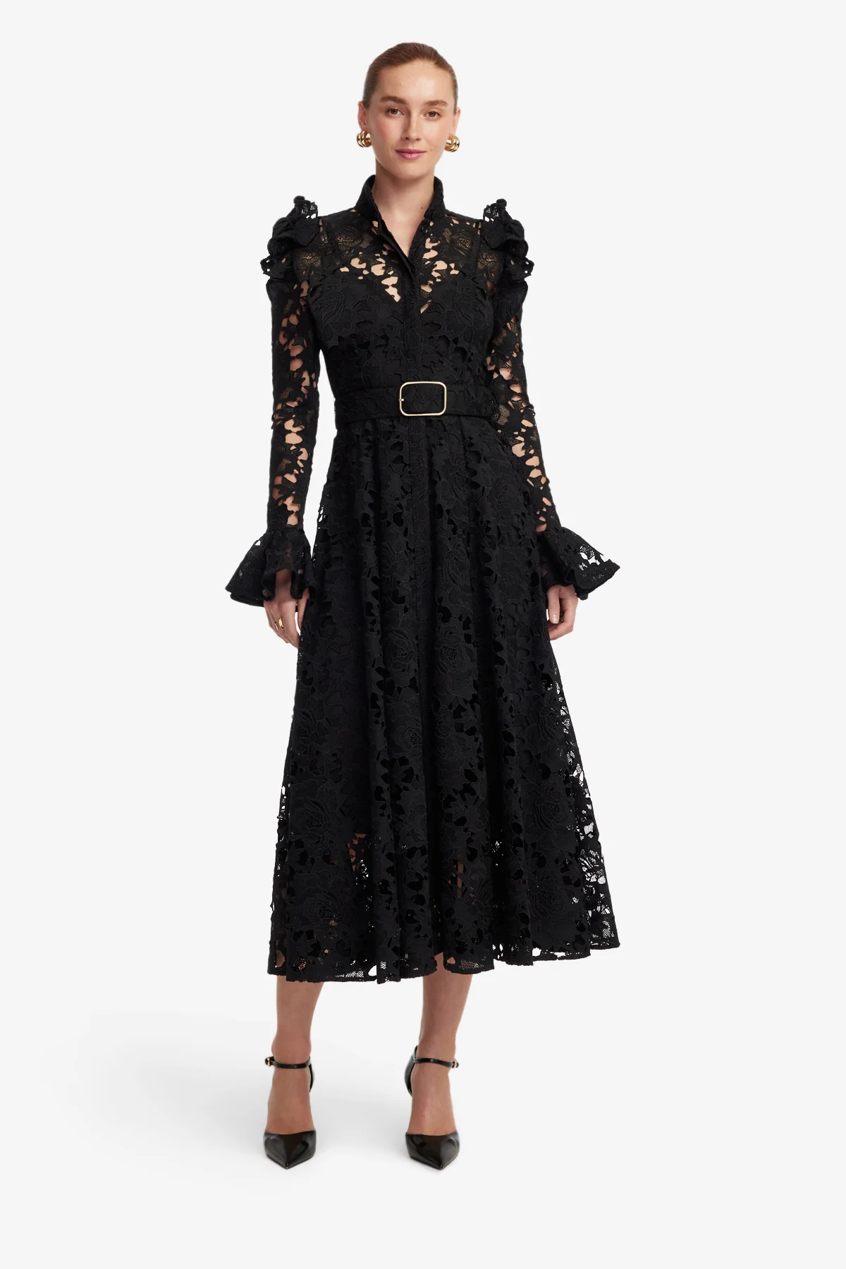 Aliyah Lace Butterfly Sleeve Midi Dress - Ebony