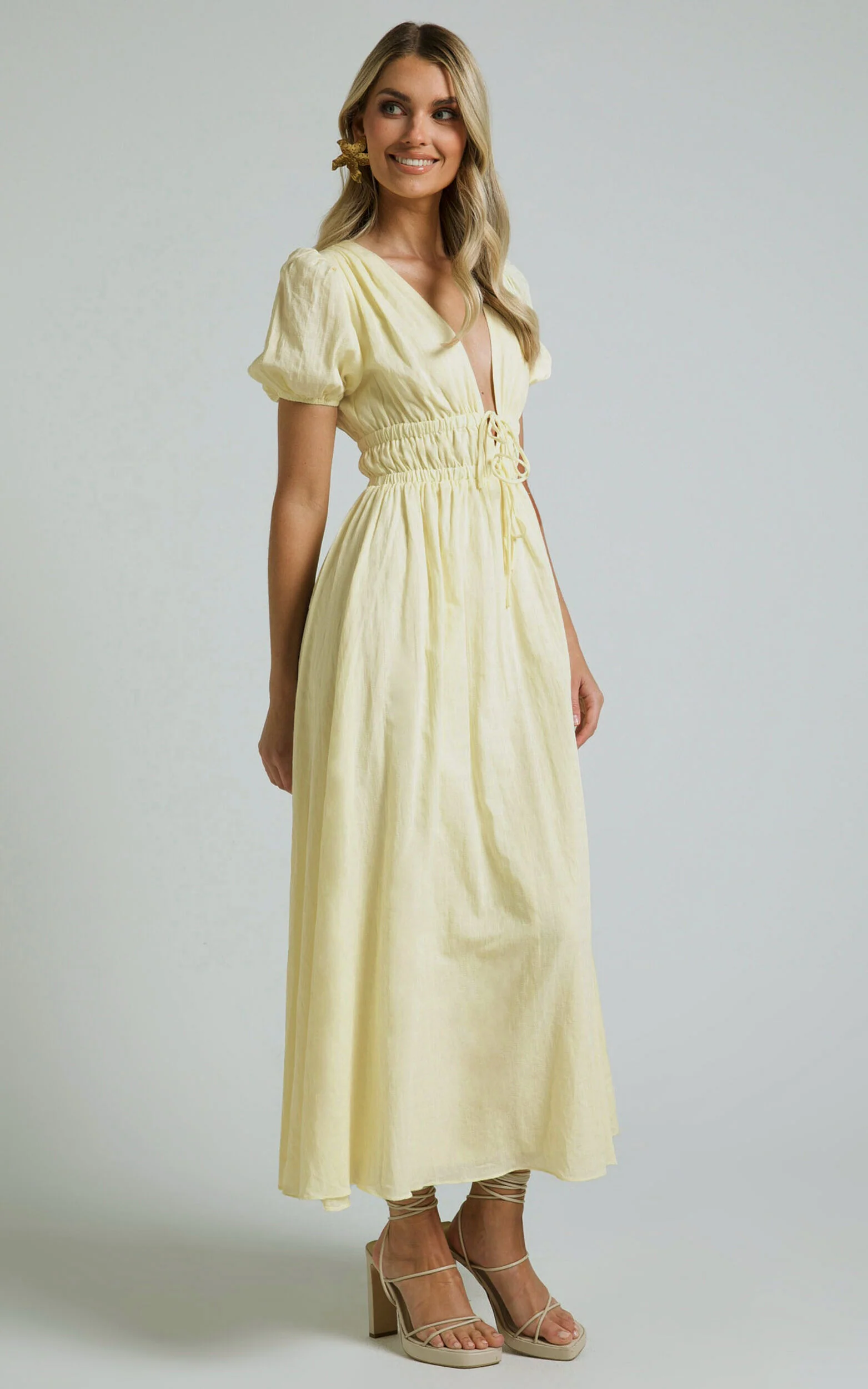 Portofino Midi Dress - V Neck Puff Sleeve Dress in Yellow