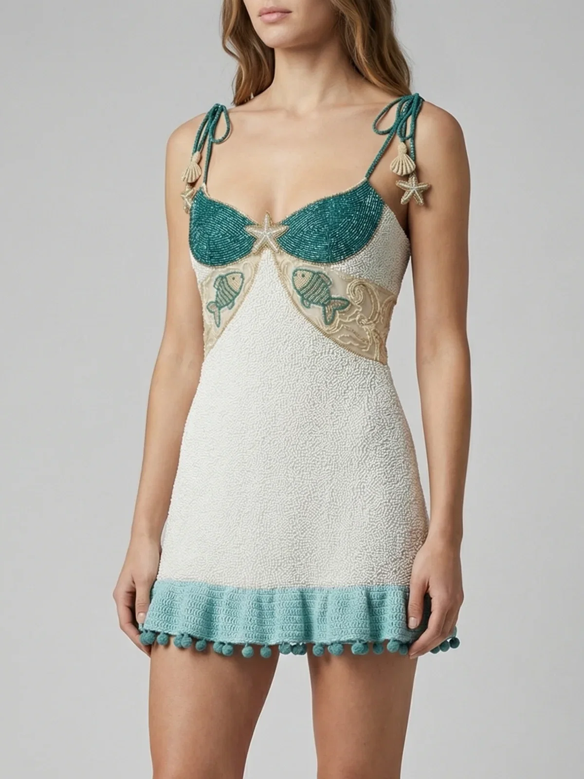 White Green Starfish Beaded Mini Dress