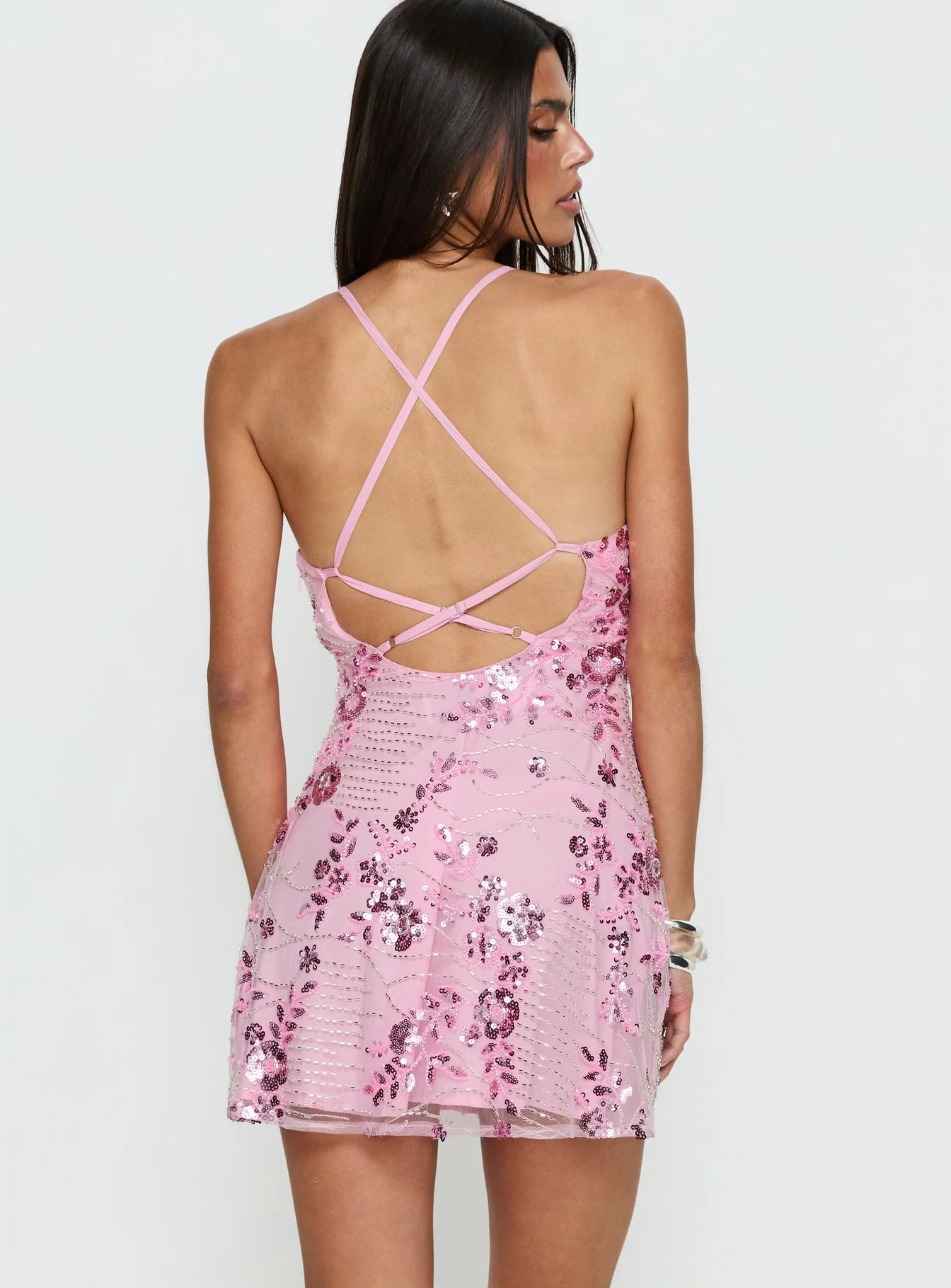 Steffie Beaded Backless Mini Dress Pink - luluinthesky