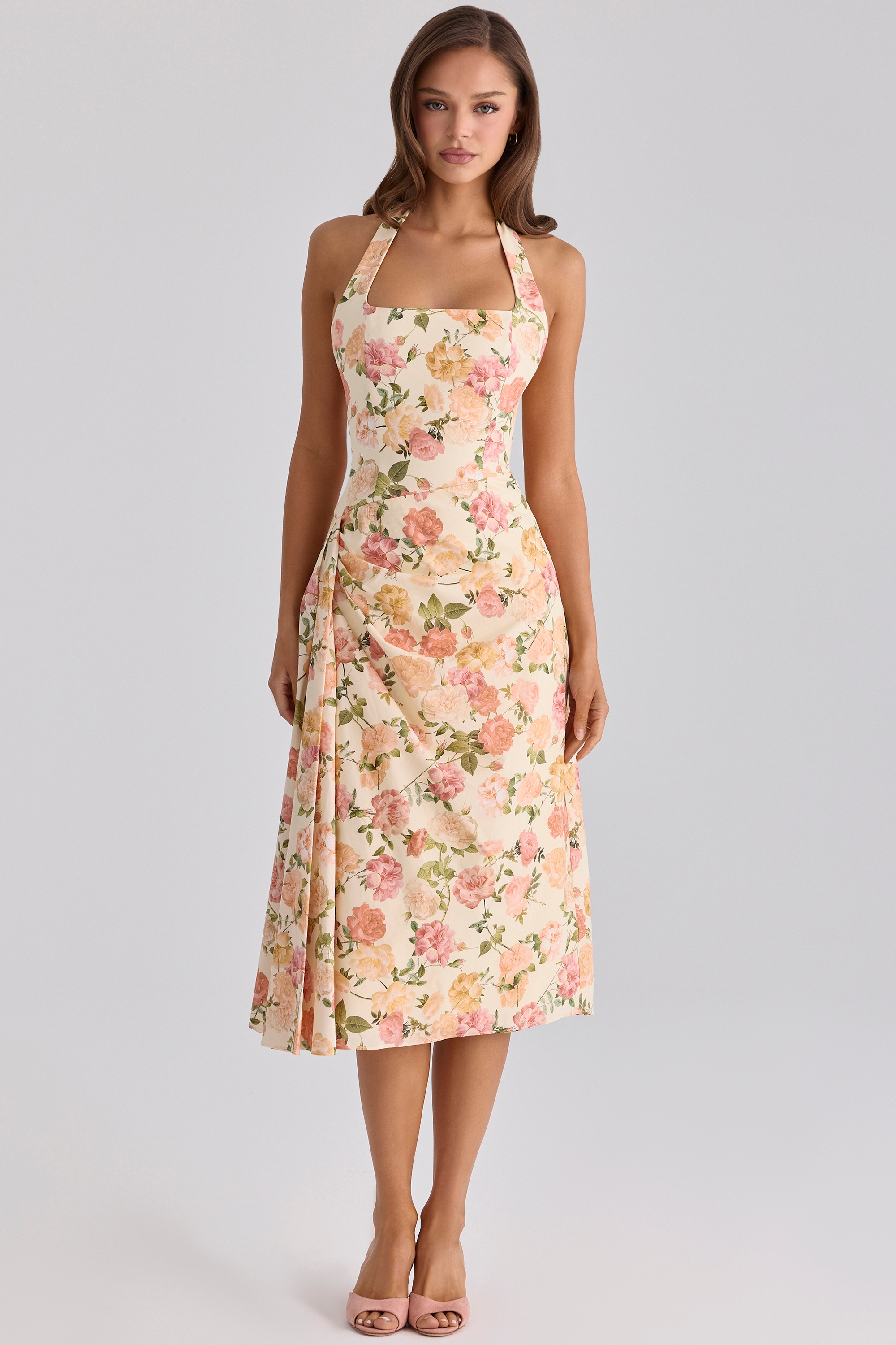 warm rose print halter neck cotton midi dress