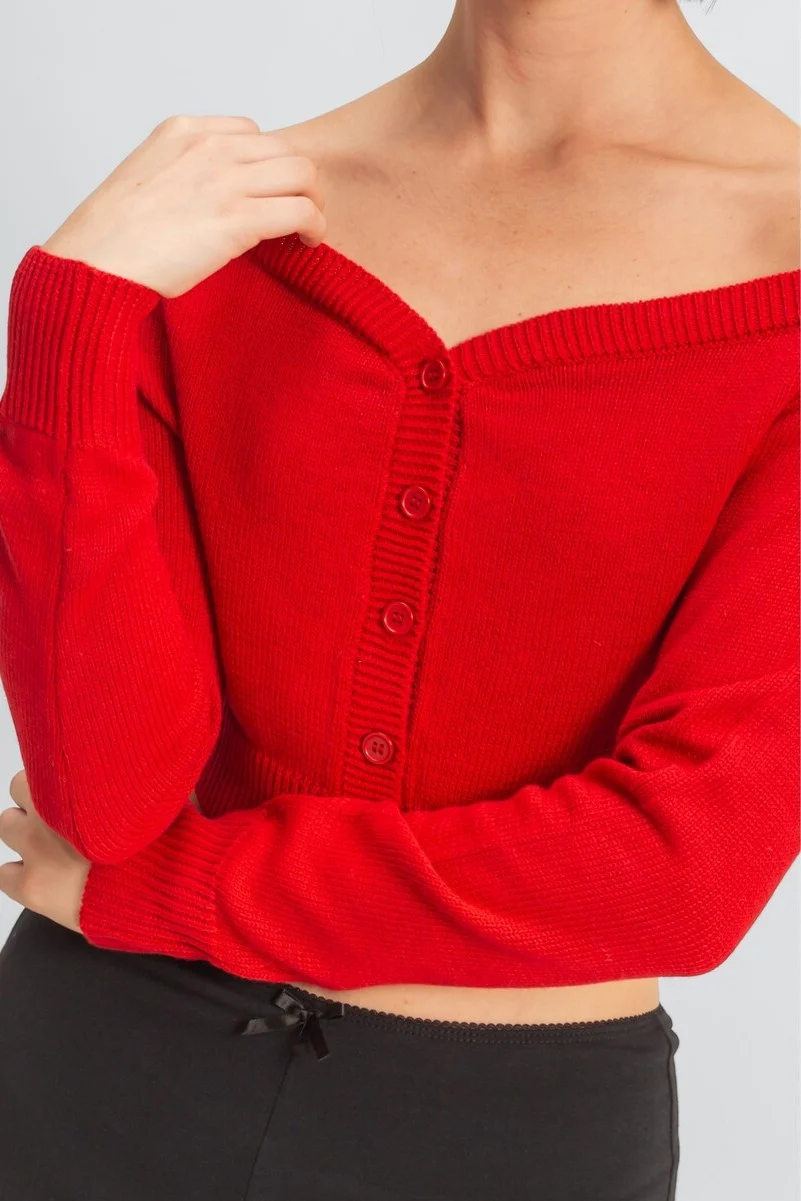 Off-The-Shoulder Cropped Button-Front Sweater