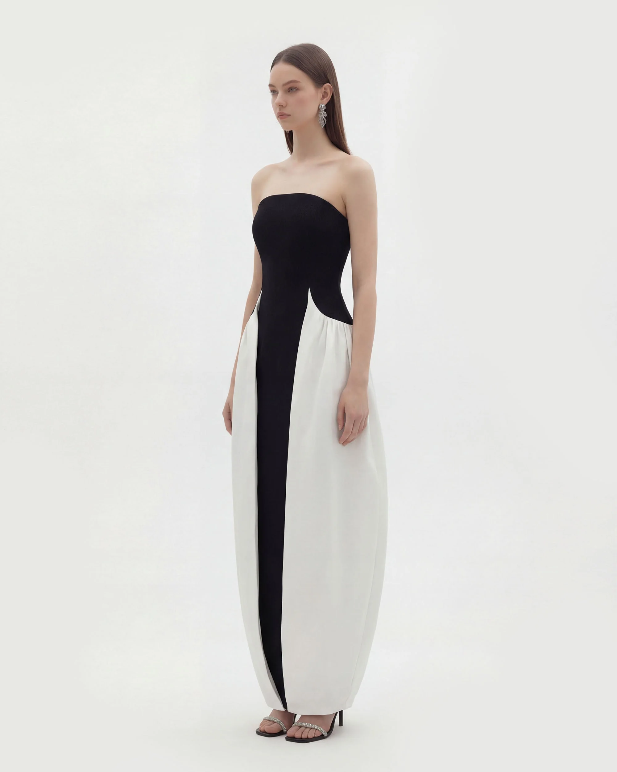 Monochrome Paneled Strapless Sculptural Maxi Dress - Black - FASHION NOB