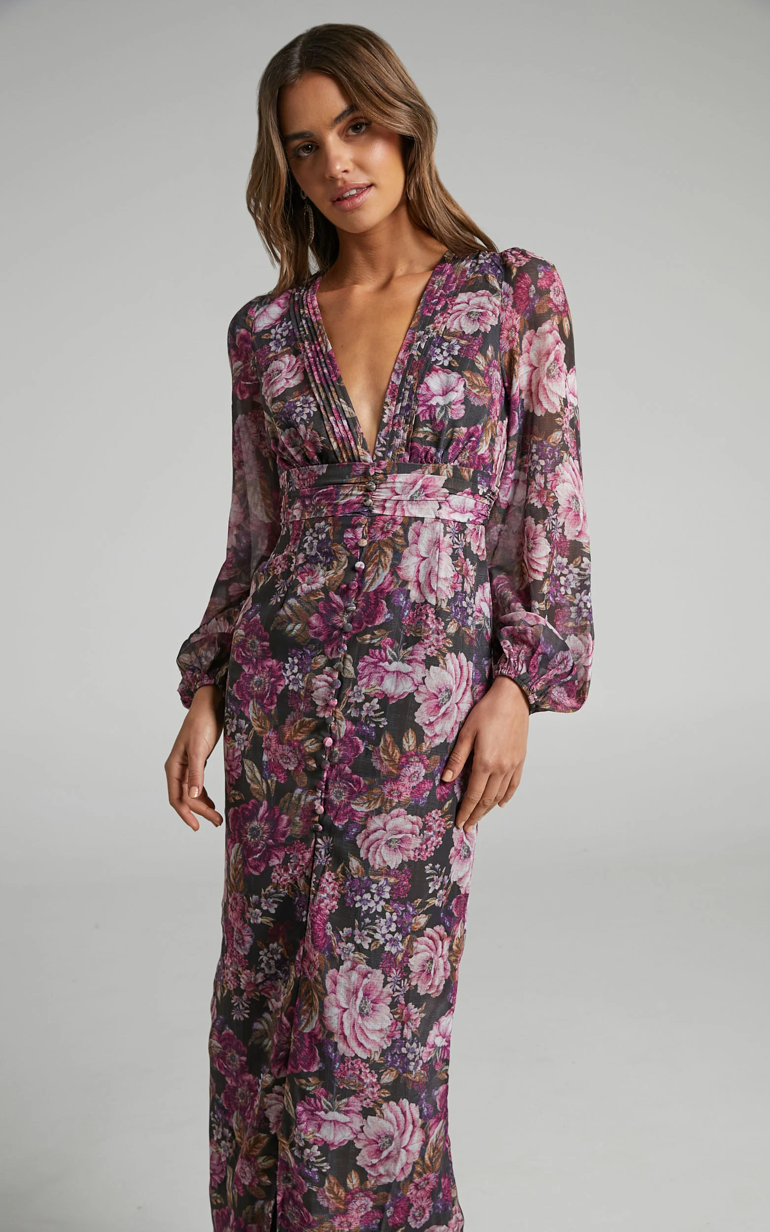Lorelei Maxi Dress - V Neck Balloon Sleeve Dress in Harvest Floral