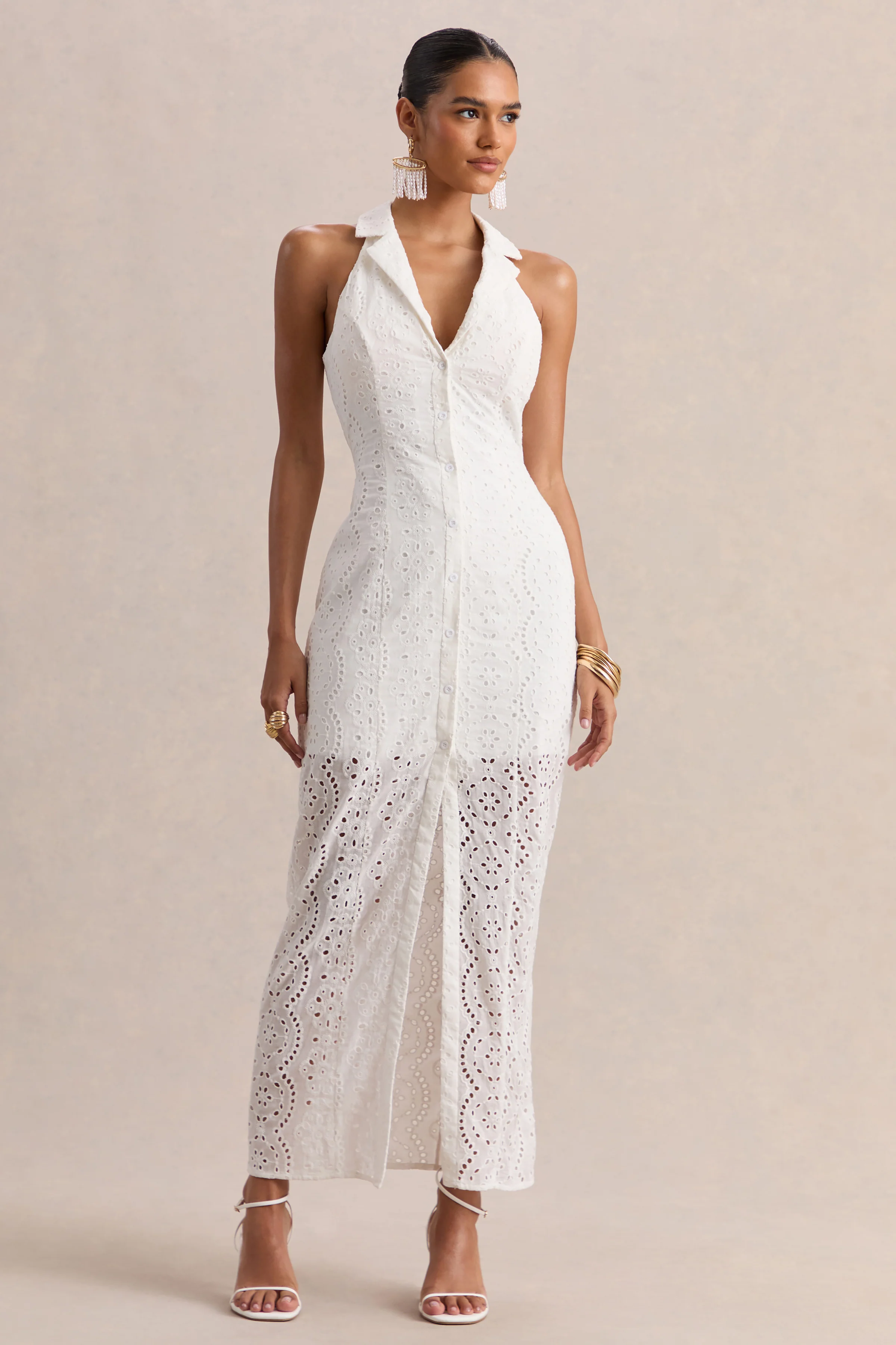 Tover | White Broderie Plunge-Neck Maxi Dress