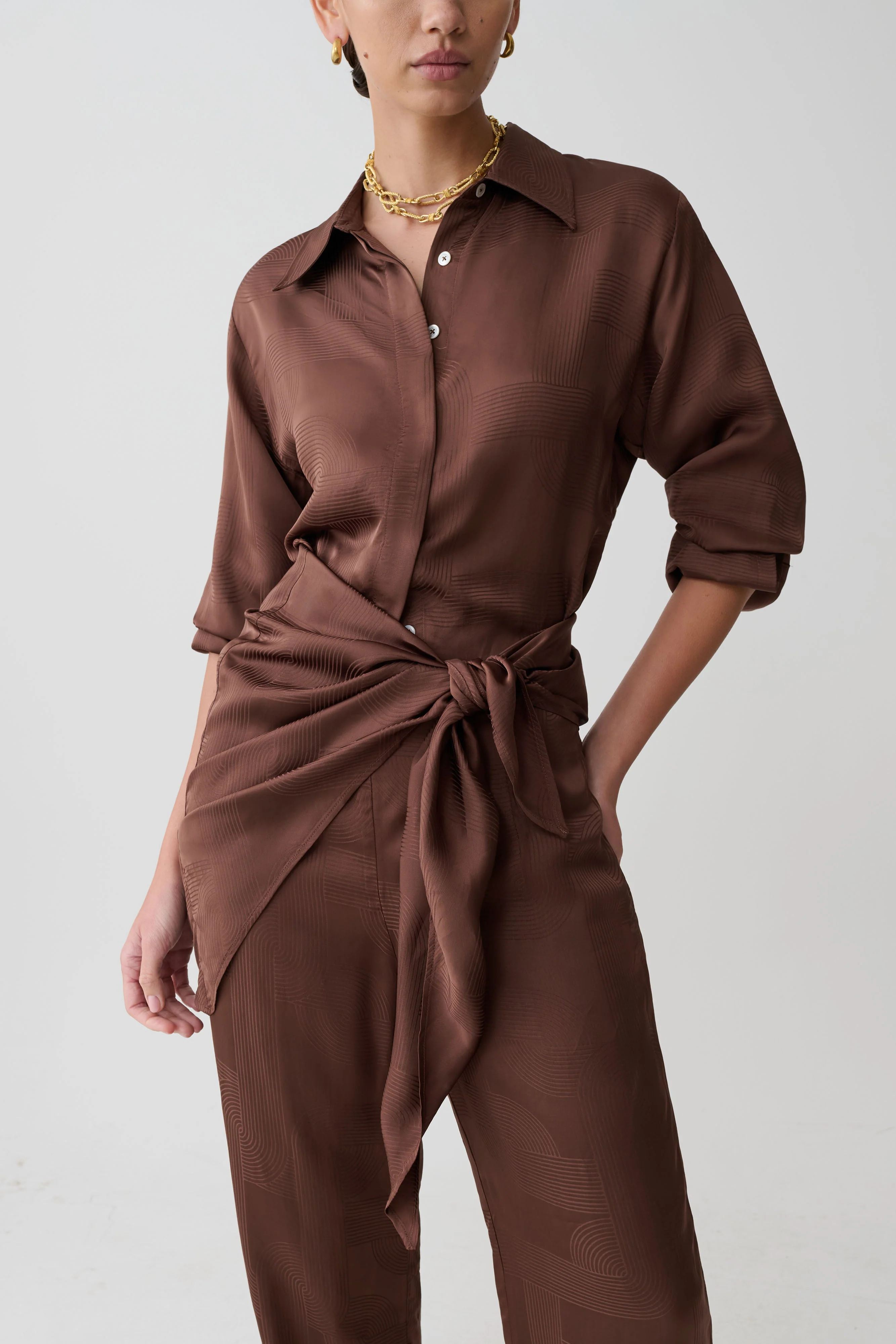 Gia Long Sleeve Satin Shirt - Chocolate