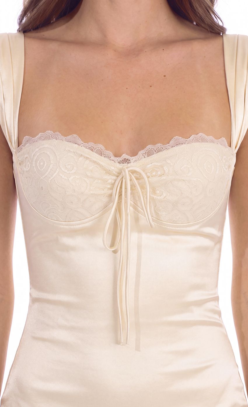 Lace Trim Satin Mini Dress in Cream - FASHION NOB