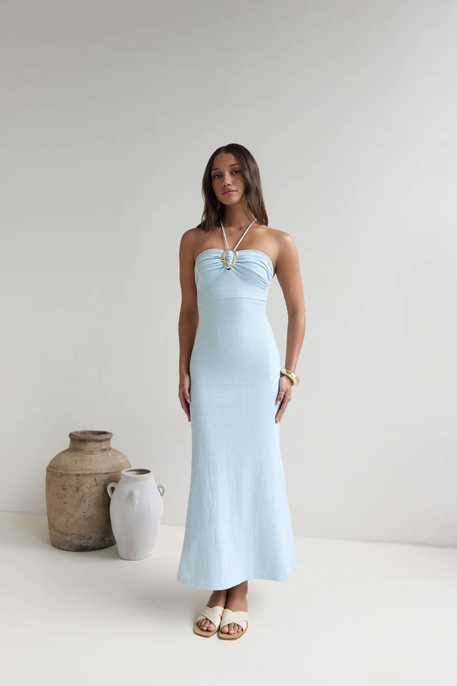 Karmic Blessing Strapless Halter Maxi Dress Blue