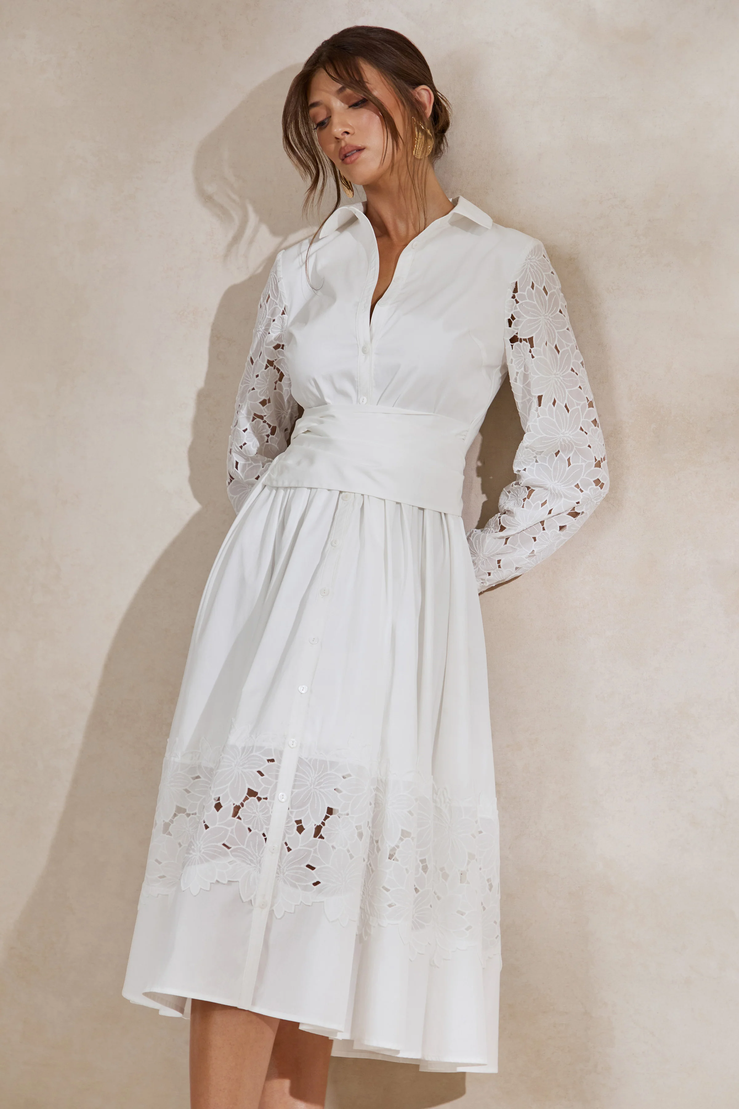 Zalynne | White Broderie Collared-Neck Midi Dress