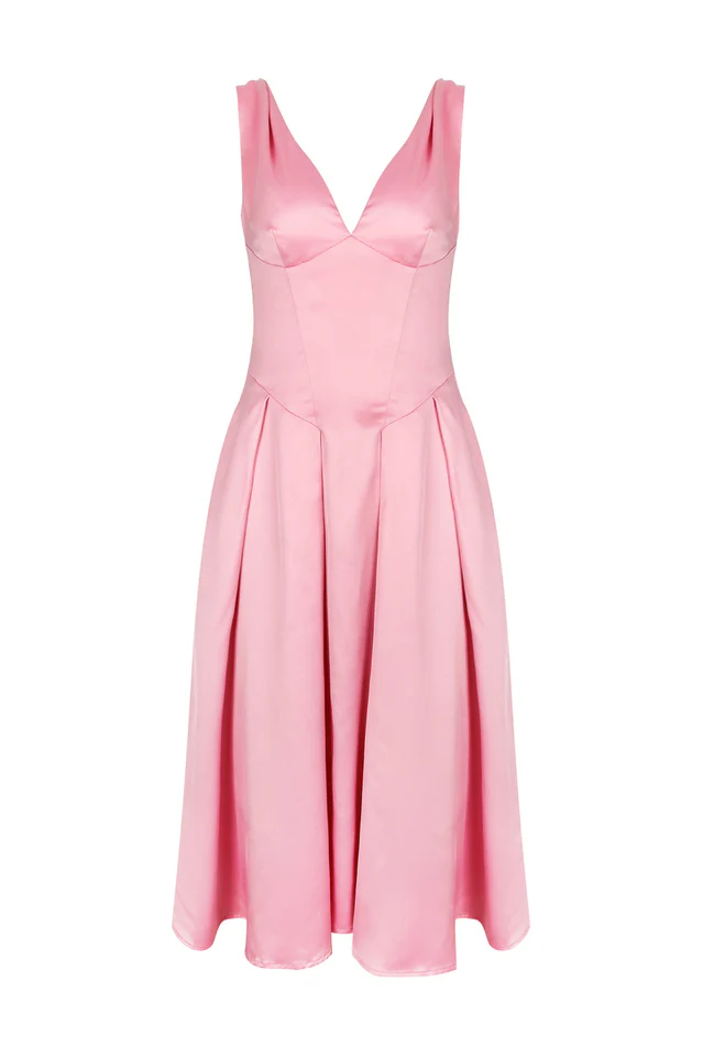Deep V Neck Cinch Waist Satin Midi Dress