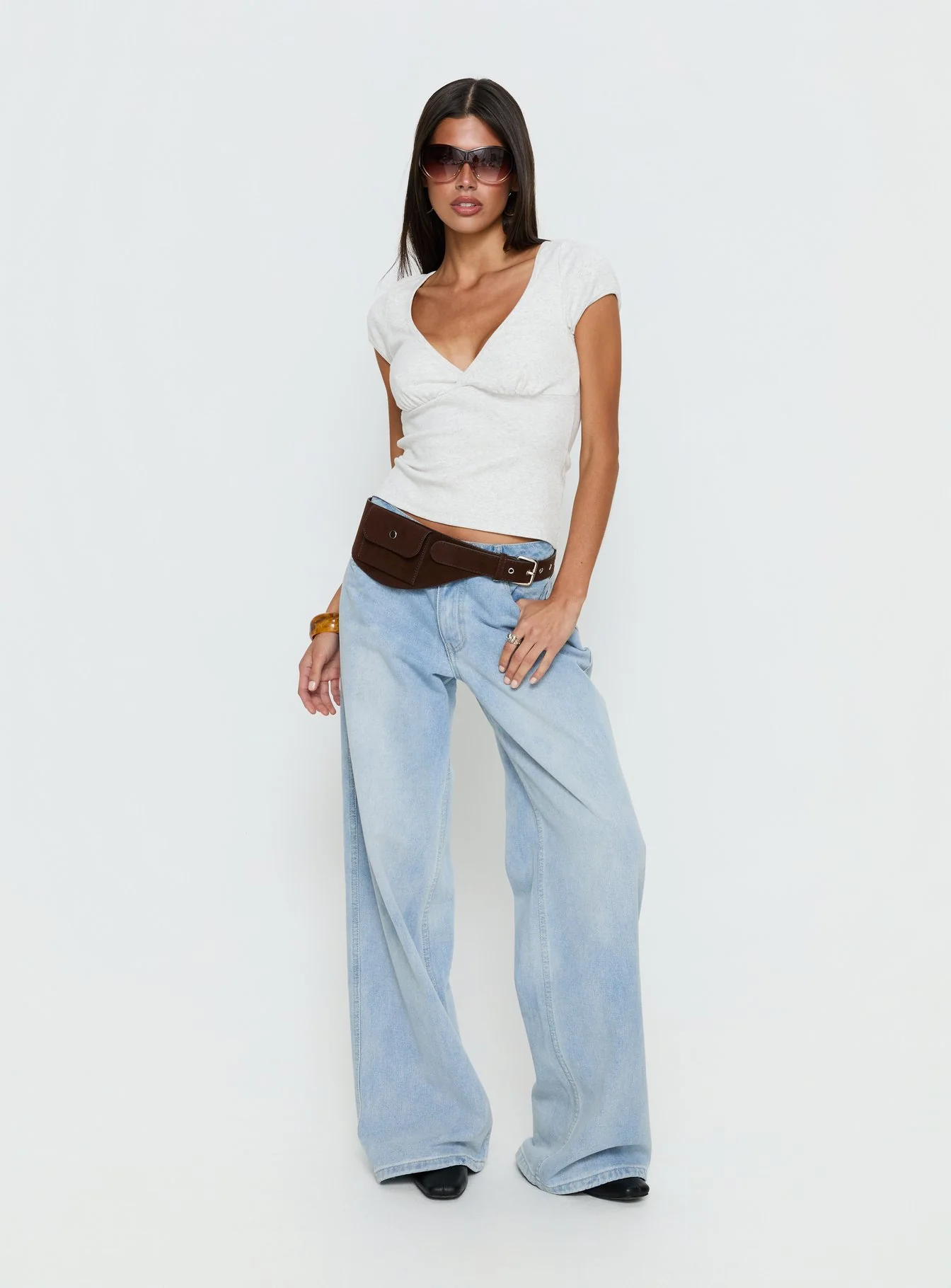 Baseline Cross Over Cap Sleeve Top Grey Marle
