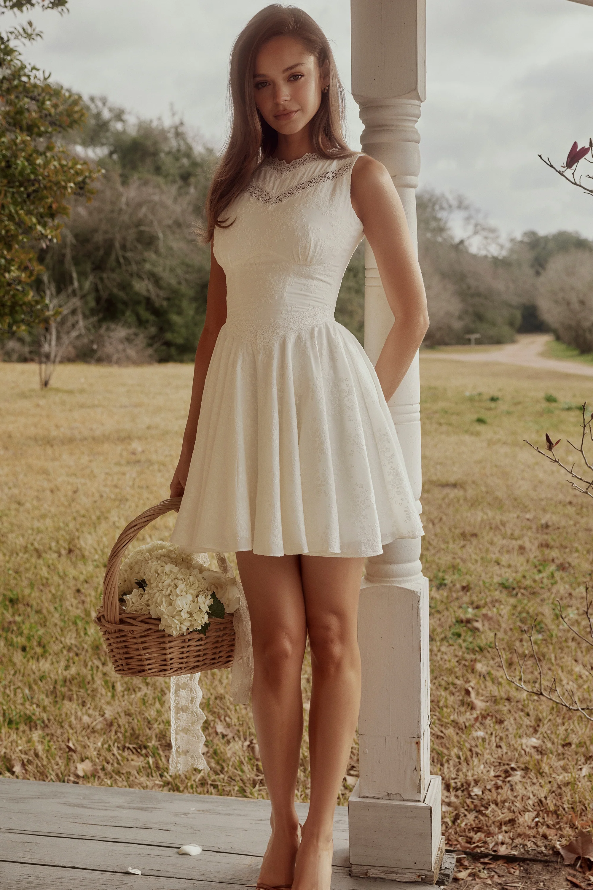 white embroidered cotton lace trim mini dress