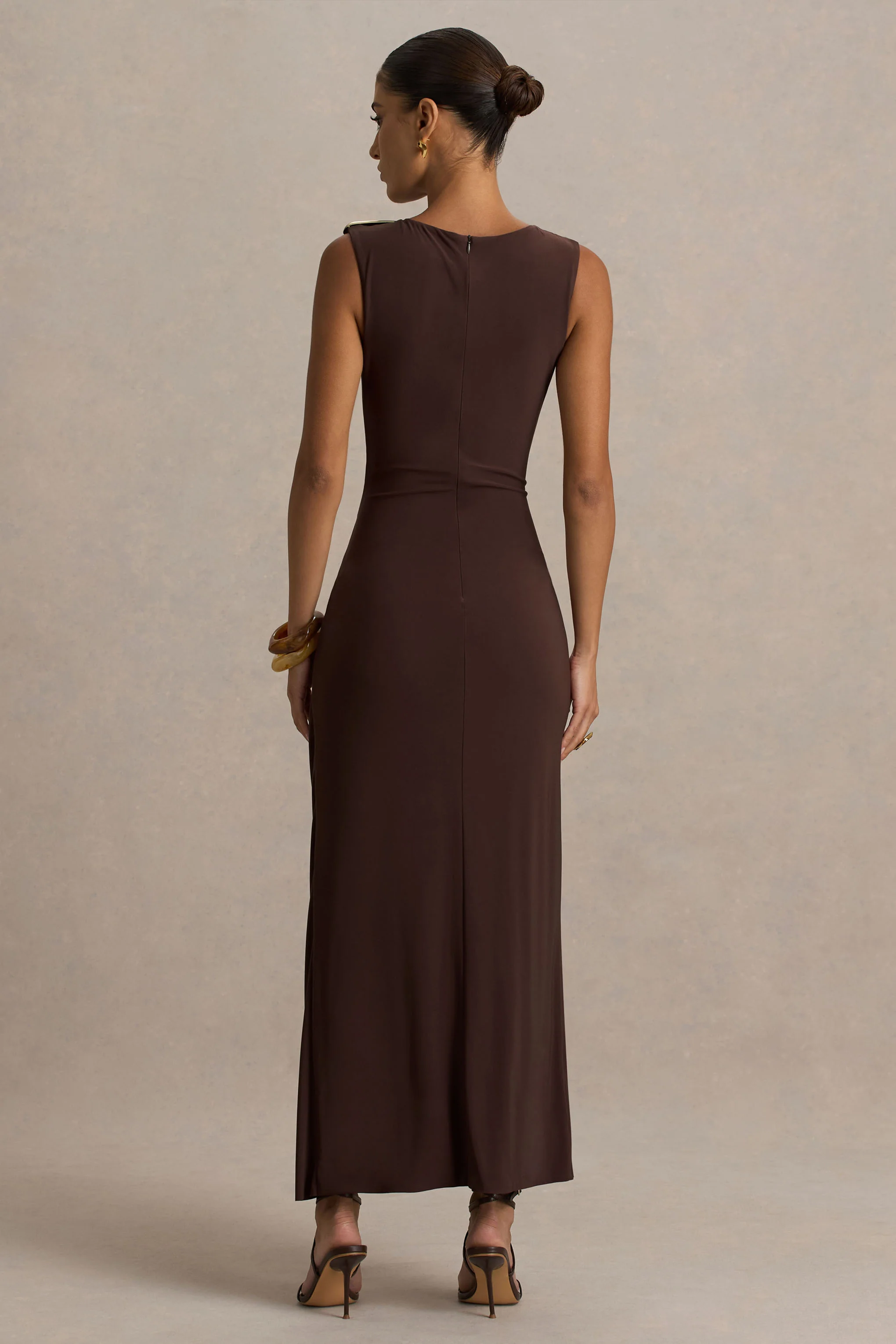 Fiora | Brown Wide-Neck Maxi Dress With Gathered Detail