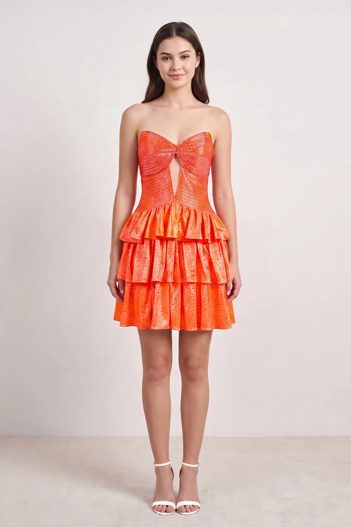 Orange Sweetheart A-Line Tiered Cut-Out Homecoming Dress With Beading