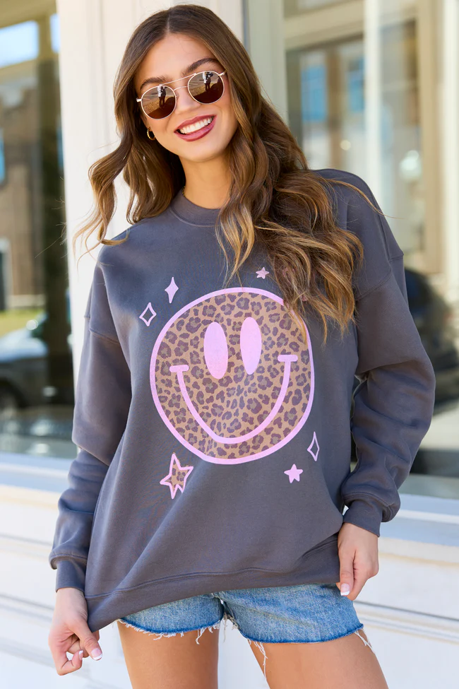 Leopard Smiley Face Dark Grey Graphic Sweatshirt