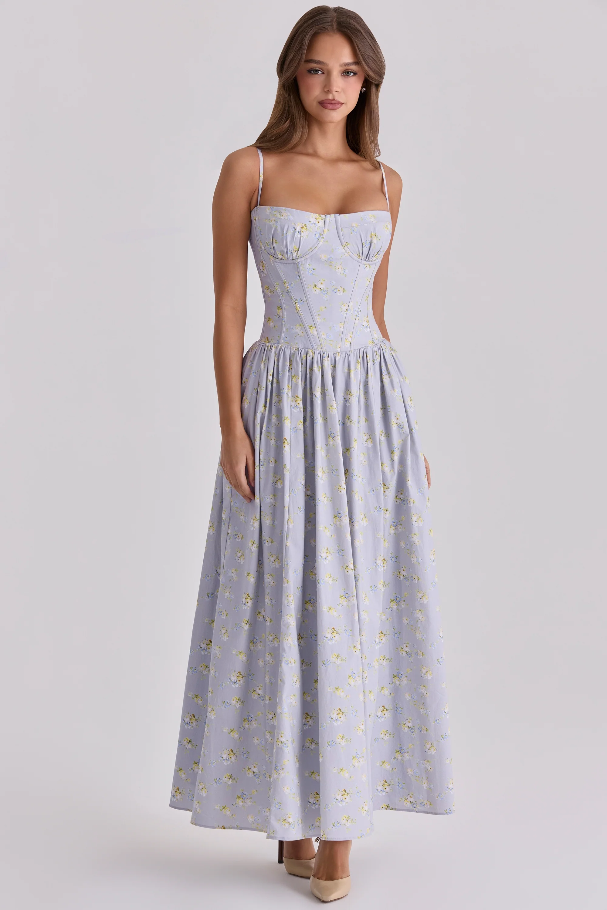 Blue Wildflower Print Cotton Lace Up Maxi Dress