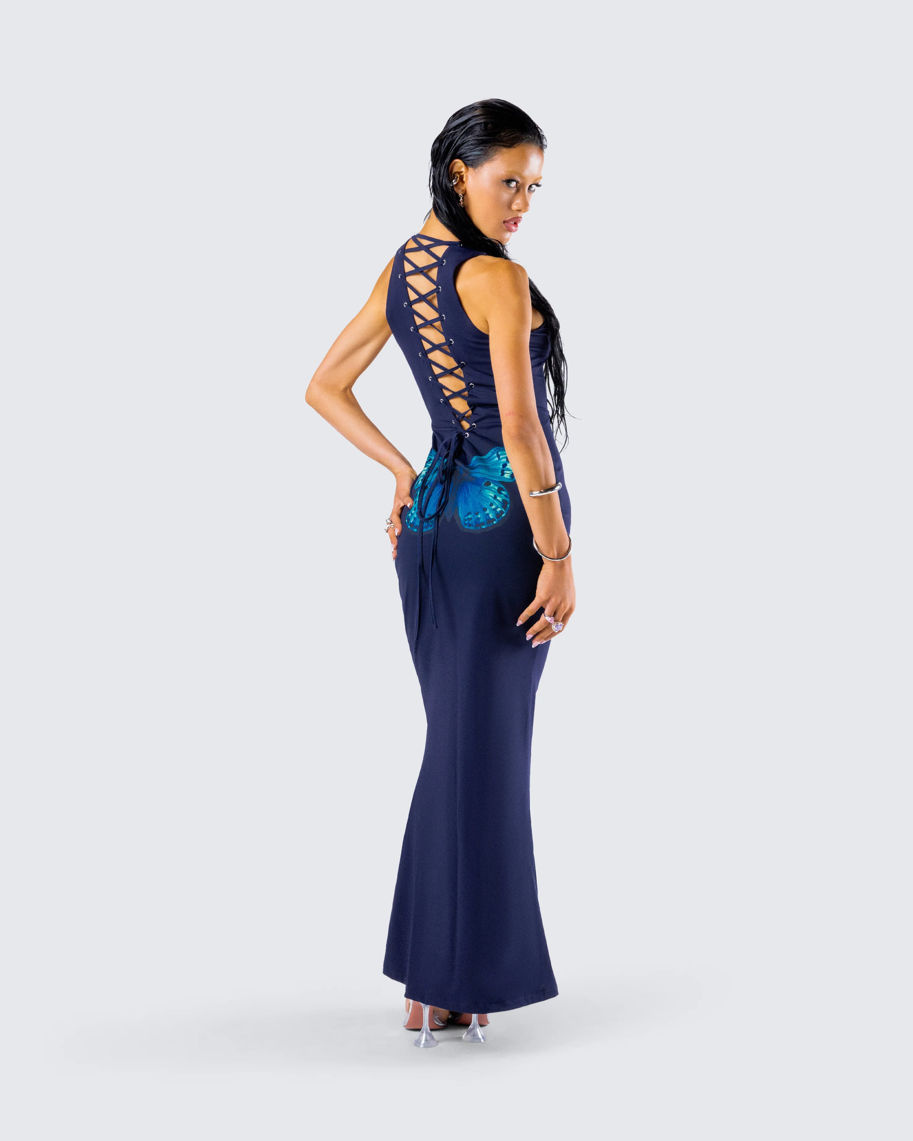 Kinny Navy Butterfly Print Maxi Dress
