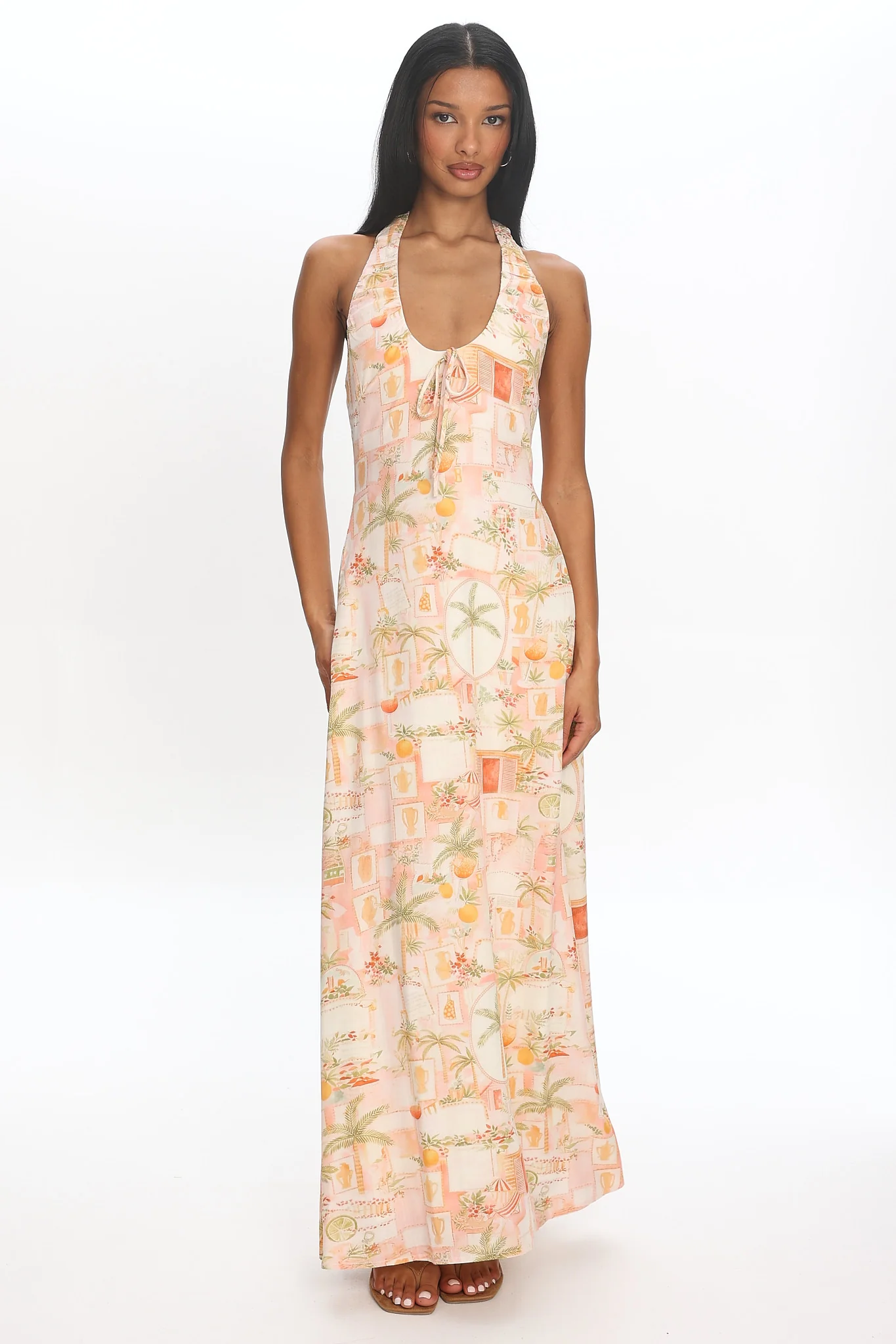 Golden Hour Beach Halterneck Maxi Dress Print Apricot - luluinthesky