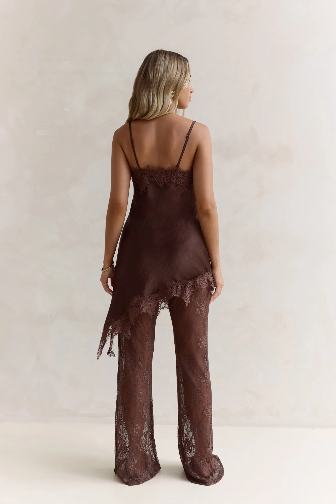 Evening Foreshore Lace Satin Set Brown