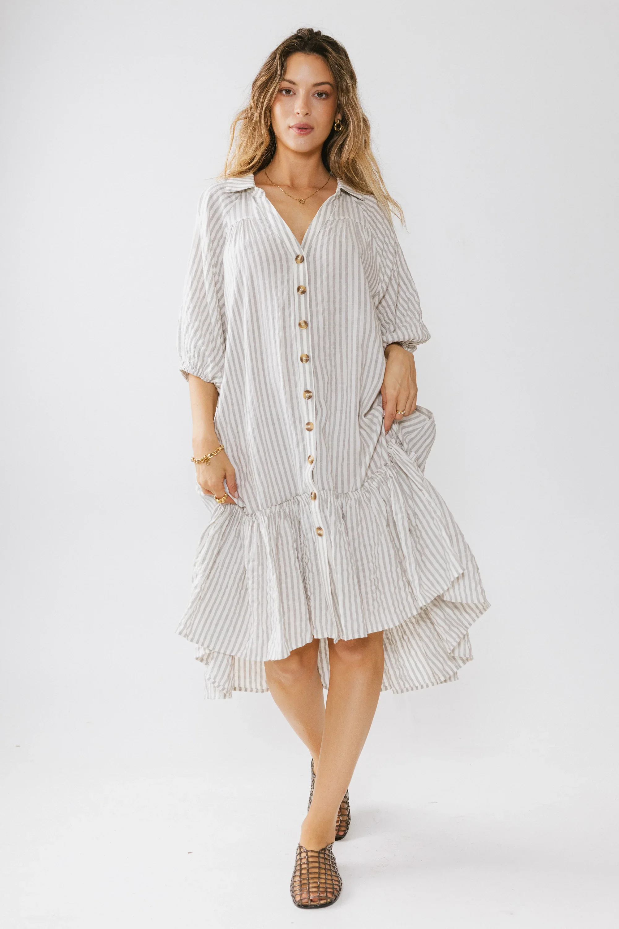 Theo Striped Midi Dress in Grey