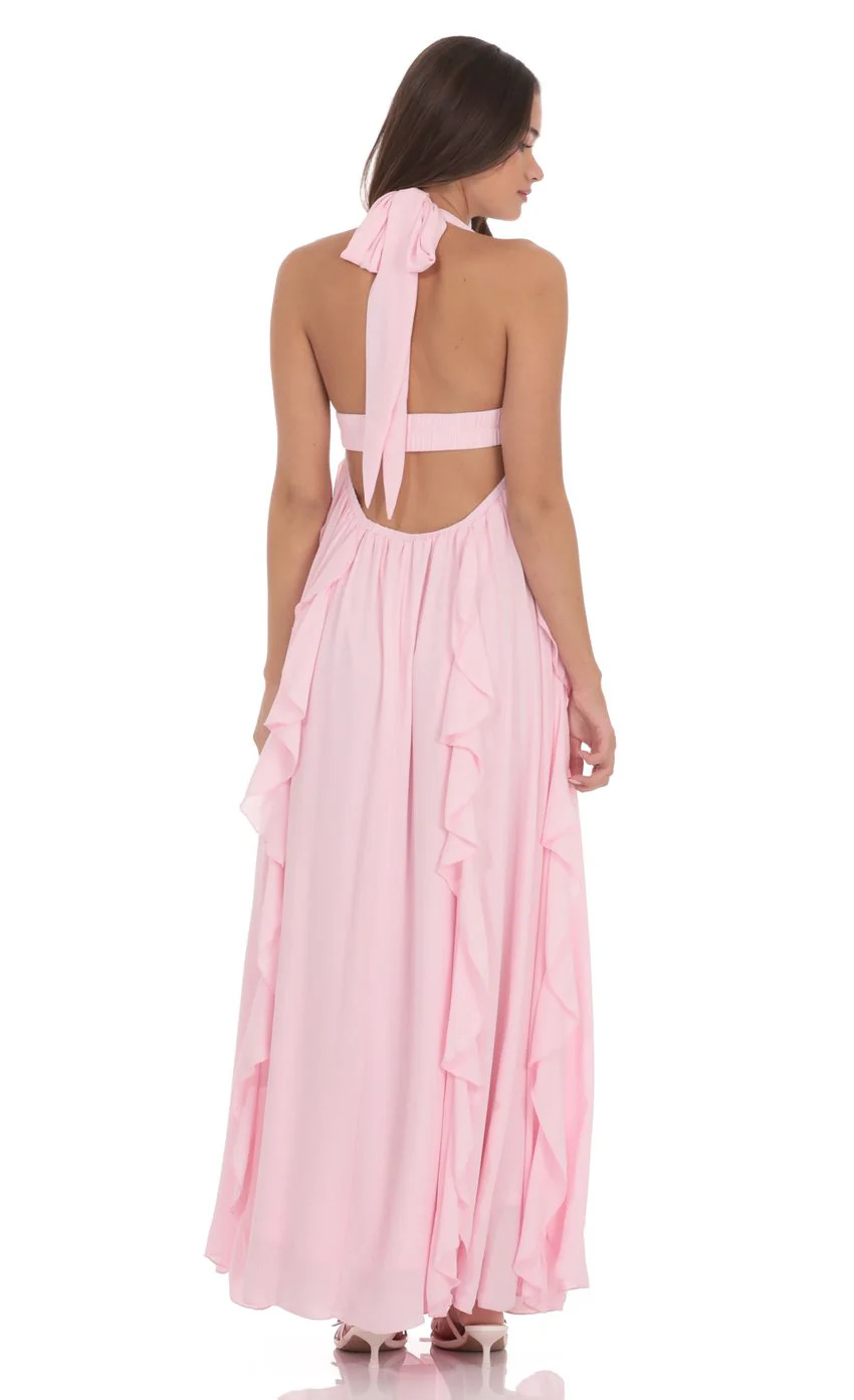Halter Ruffle Babydoll Maxi Dress in Pink
