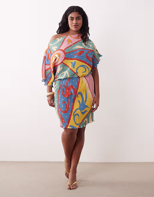 Never Fully Dressed Plus Tilly off shoulder plisse mini dress in kaleidoscope print